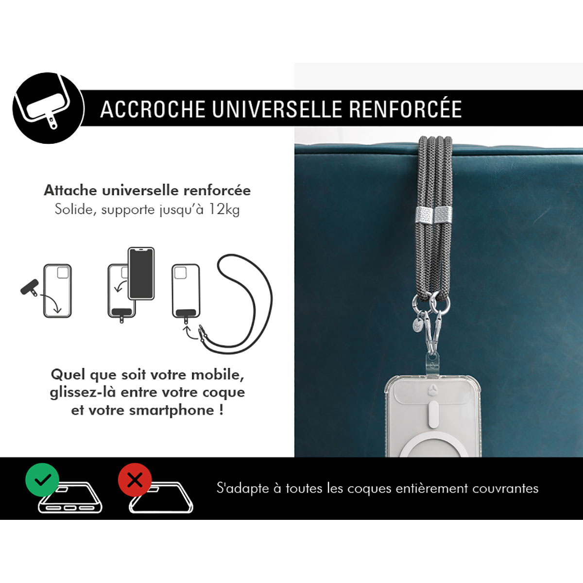 Diagramm eines Telefon-Lanyard-Setups. Transparente Hülle und Telefon mit Lanyard befestigt. Text auf Französisch.