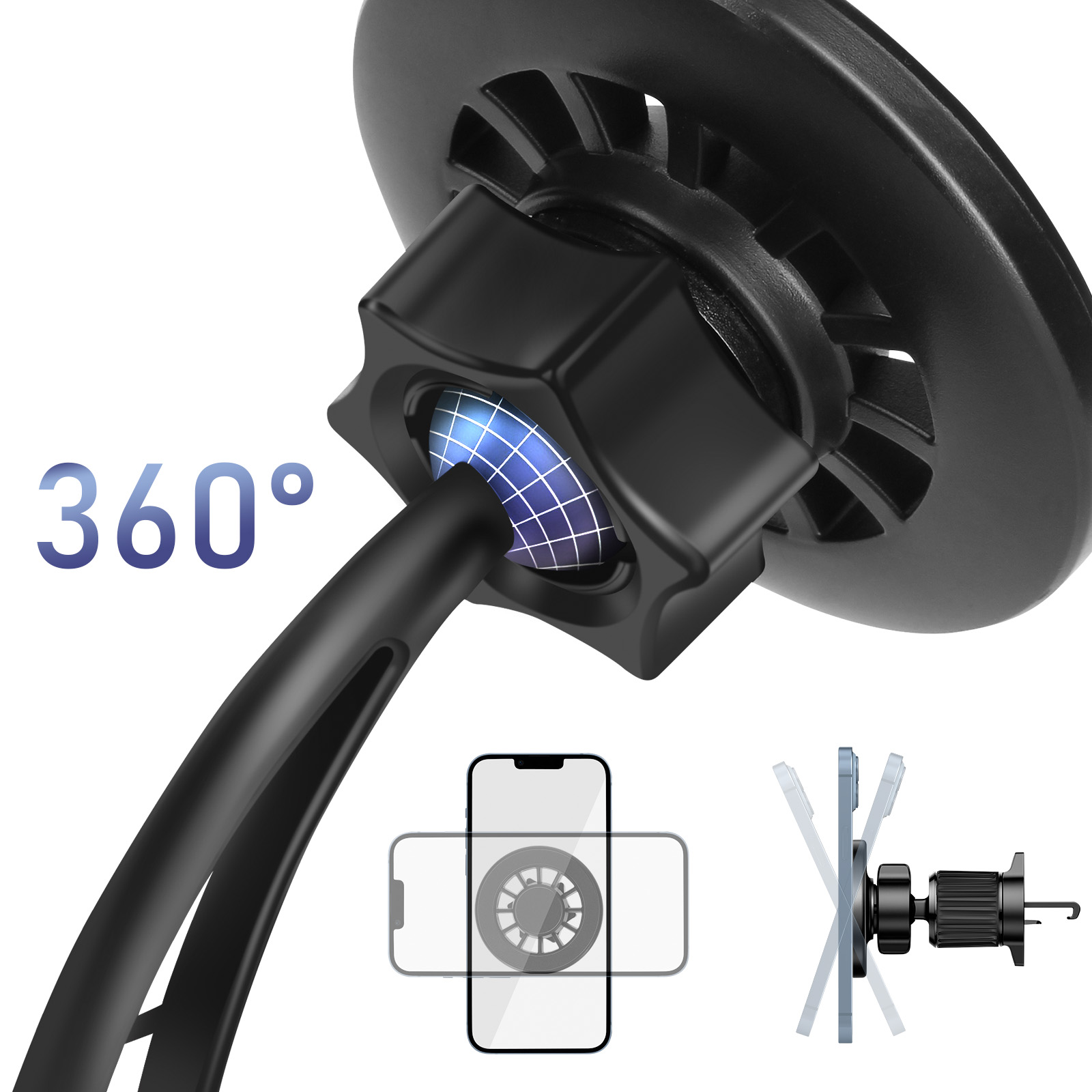 Supporto per telefono nero con testa girevole a 360 gradi, che mostra un'illustrazione del telefono.