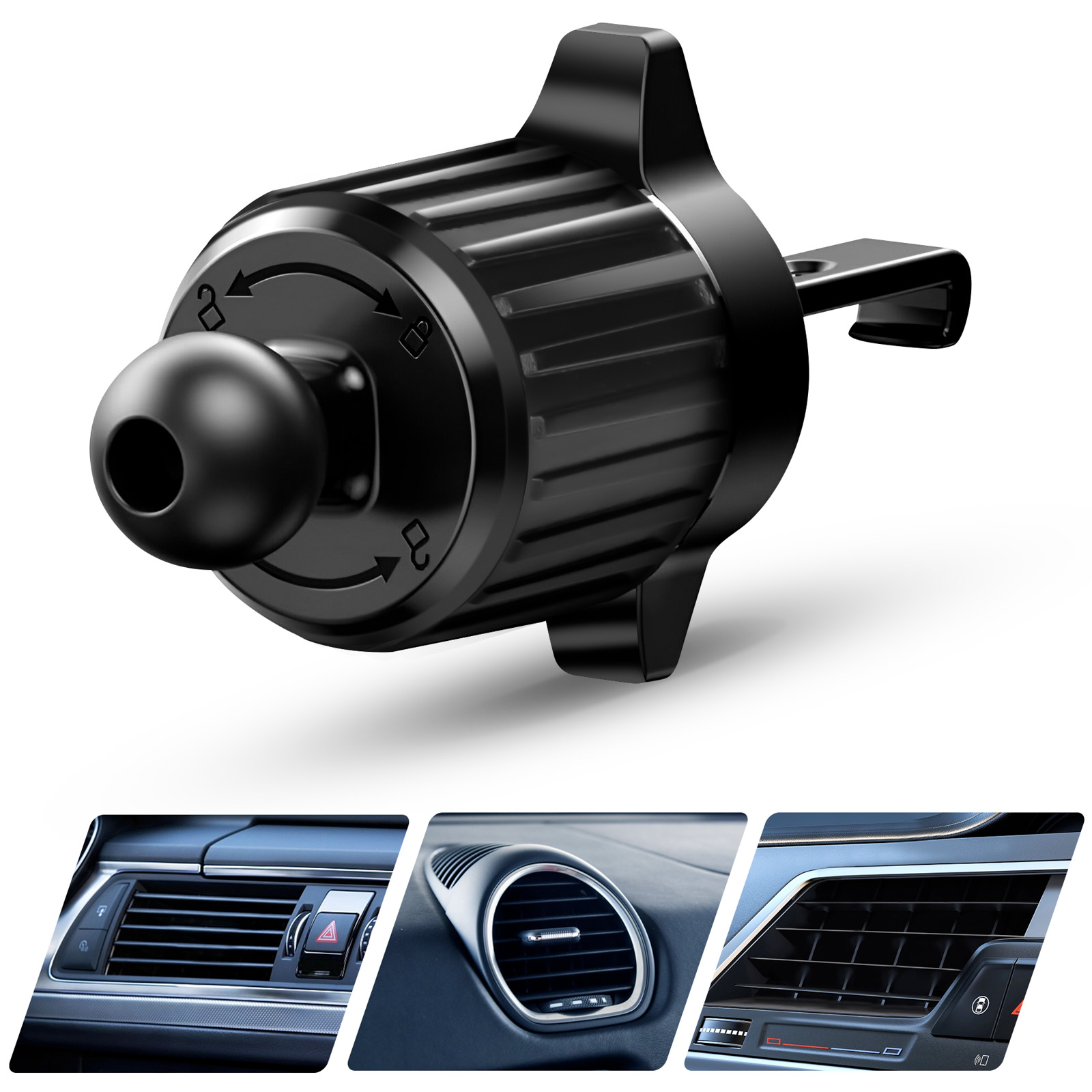 Supporto per auto nero con giunto sferico regolabile. Il supporto ha tre fessure.