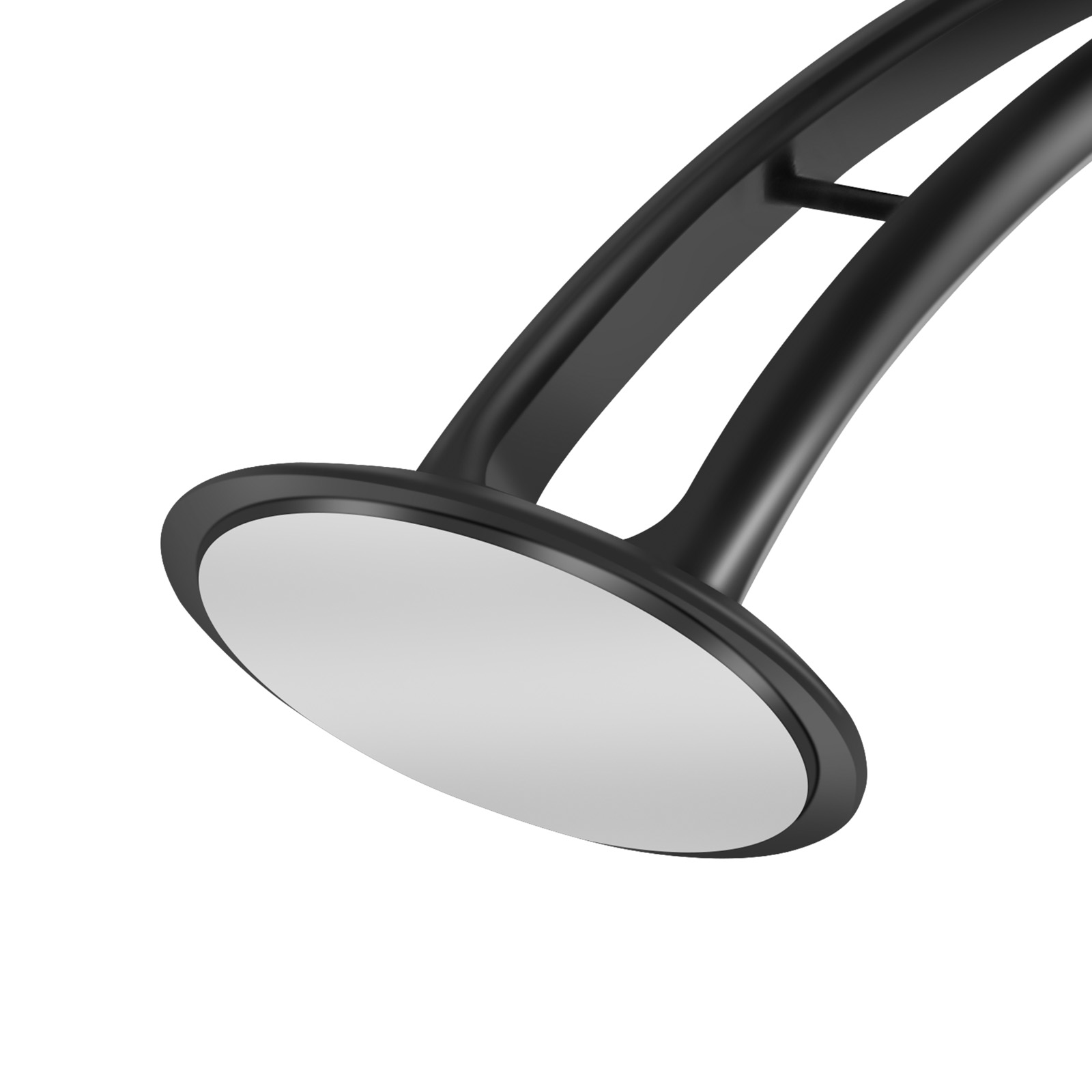 Lampada nera. La lampada ha una luce circolare, con sfondo bianco.