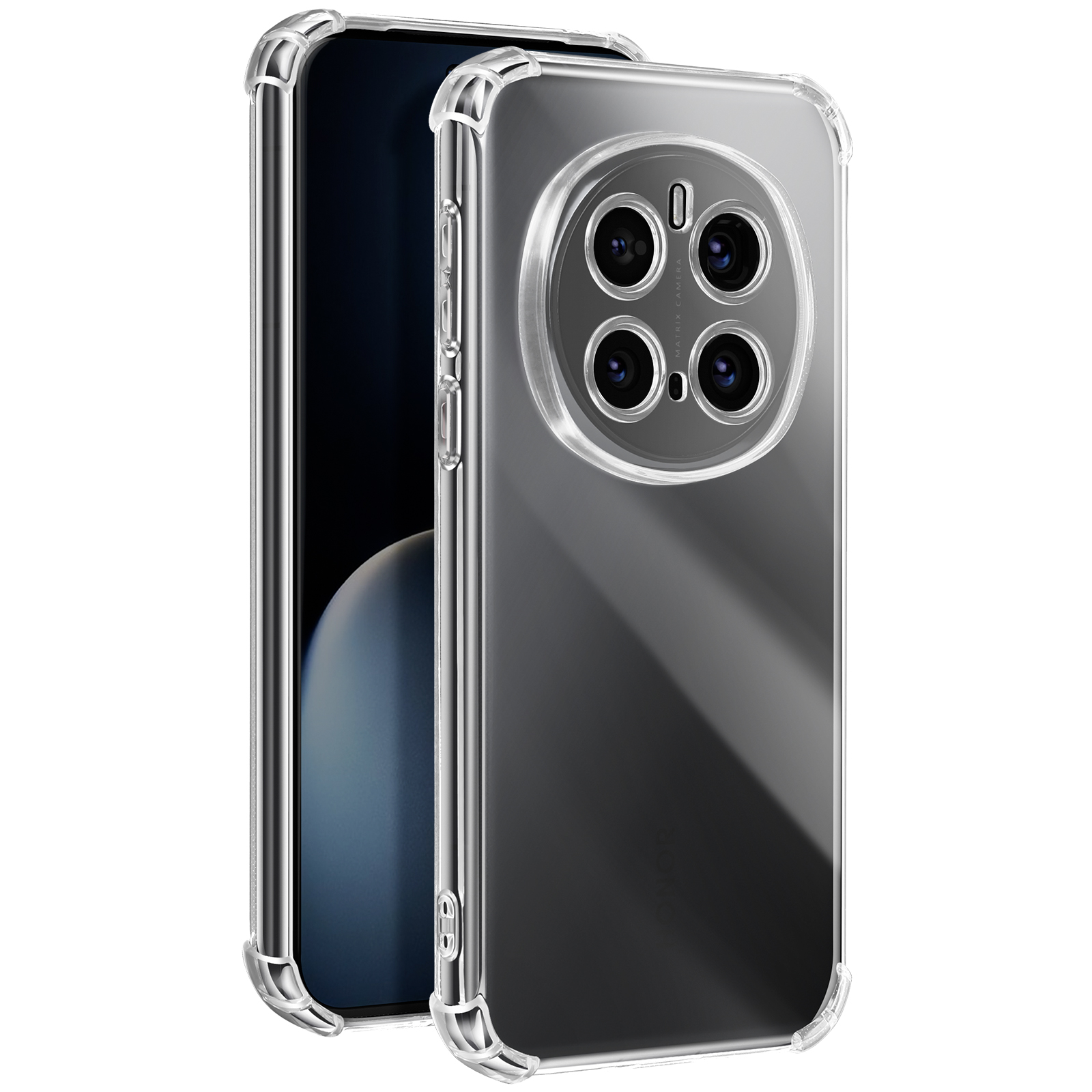 Una custodia trasparente per telefono con un rigonfiamento della fotocamera. La custodia viene mostrata con un telefono all'interno.