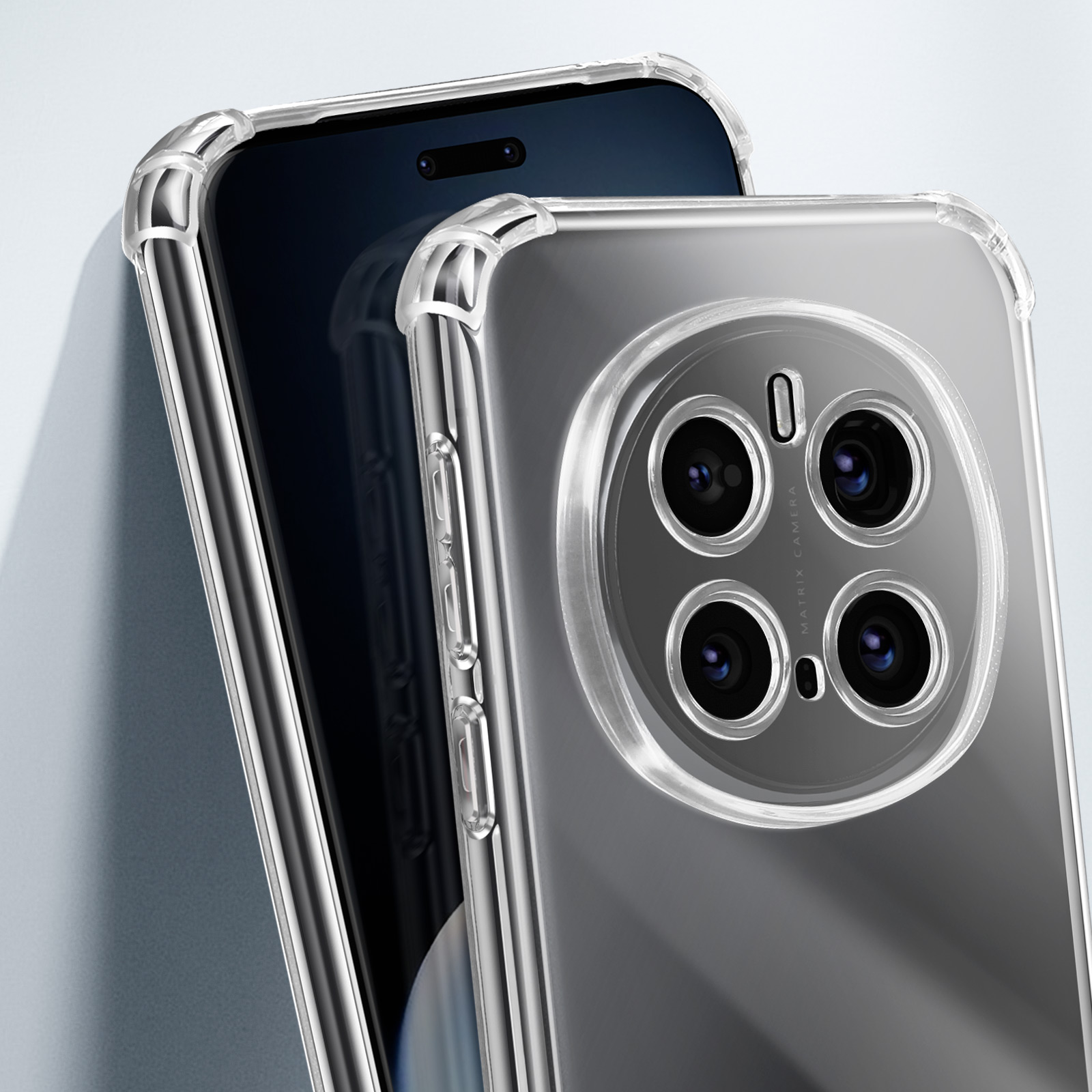 Custodia trasparente per telefono su un telefono nero, che mostra la fotocamera e i pulsanti. La custodia ha angoli protettivi.
