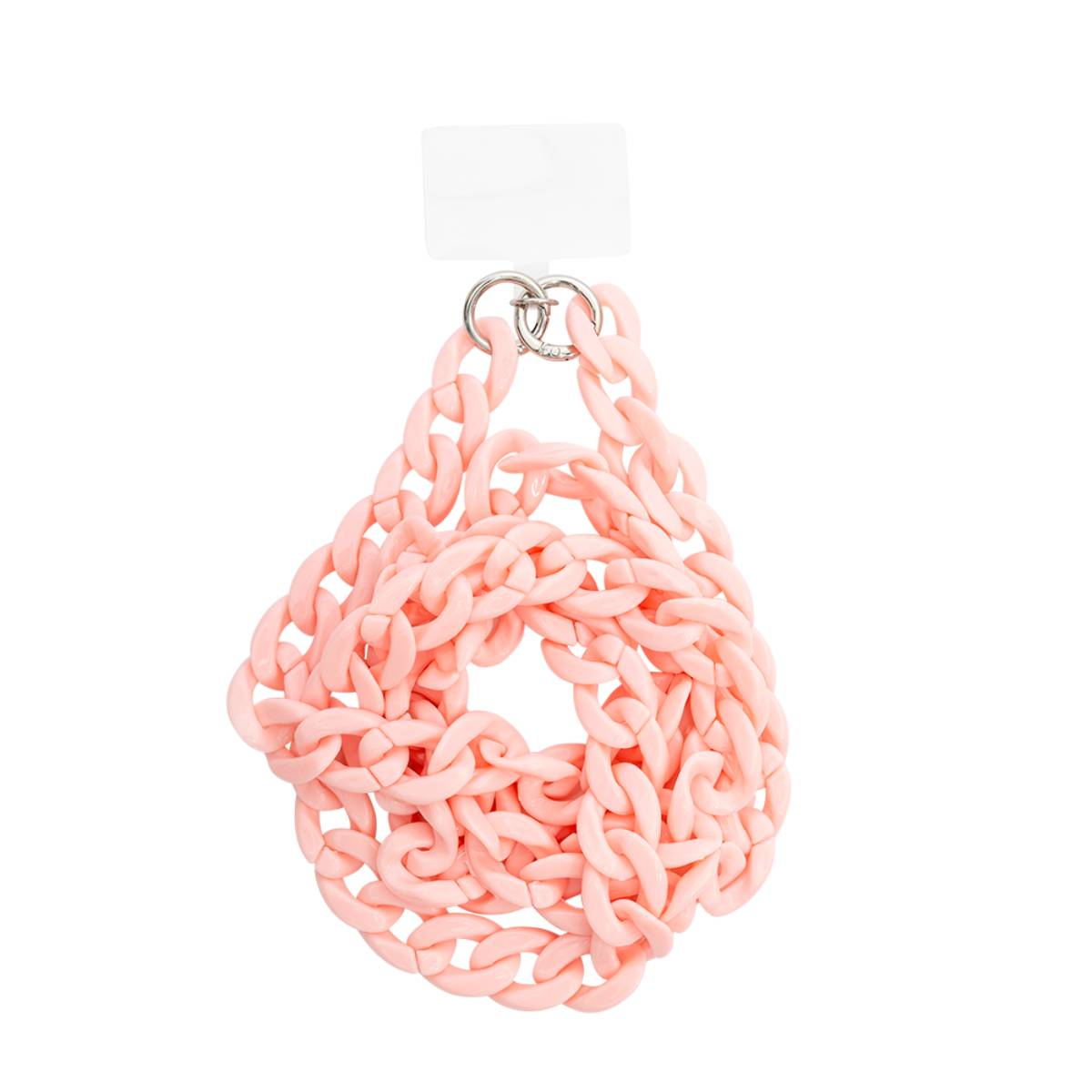 Cinturino per telefono a catena rosa. È fatto di maglie grosse e ha attacchi argentati.
