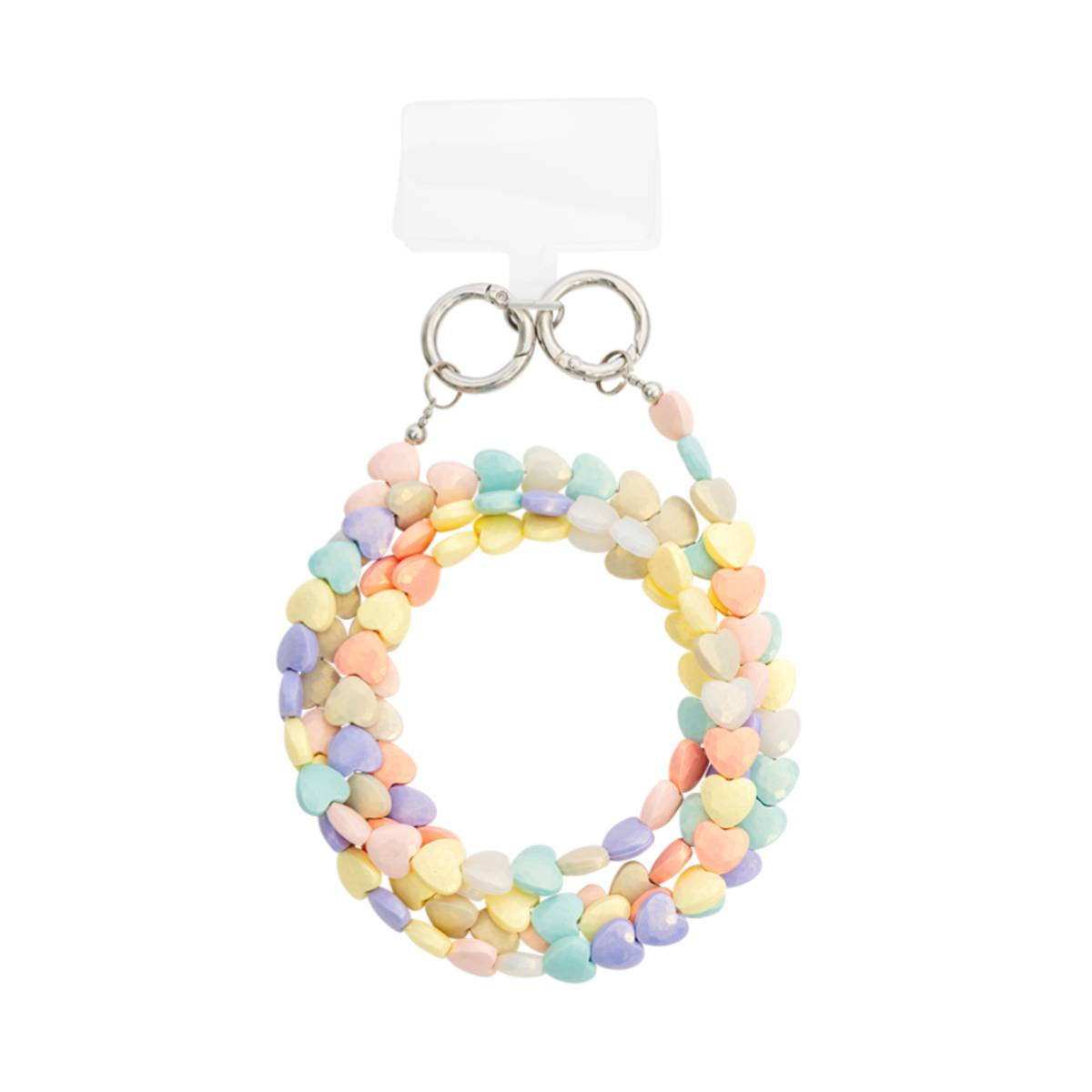Un supporto per telefono a forma di collana realizzato con perline a forma di cuore pastello con chiusure argentate.