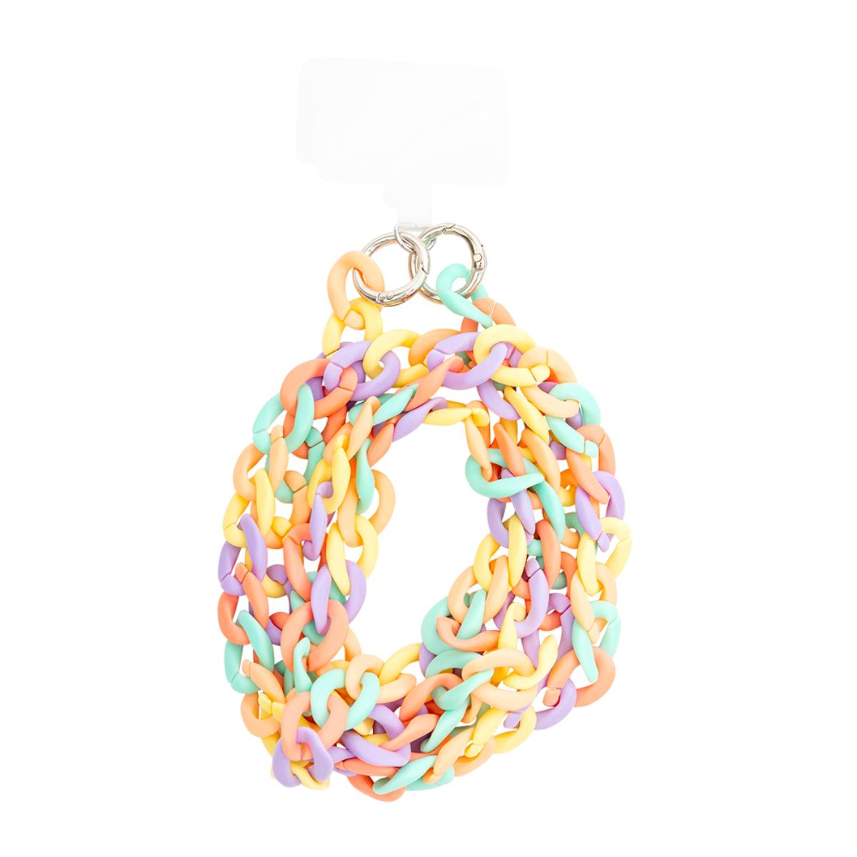 Una collana colorata in plastica collegata. I colori sono pastello e la chiusura è argentata.