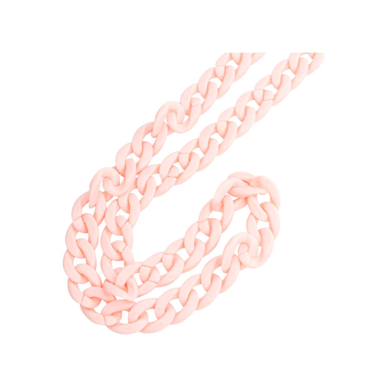 Catena di plastica rosa su sfondo bianco. La catena è composta da maglie arrotondate e interconnesse.