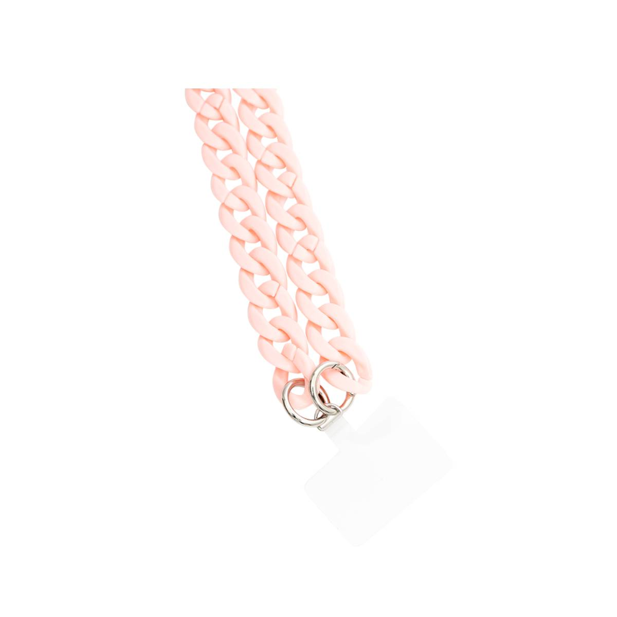 Catena di plastica rosa. Due fili di maglie, chiusura in metallo argentato in basso. Sfondo bianco.