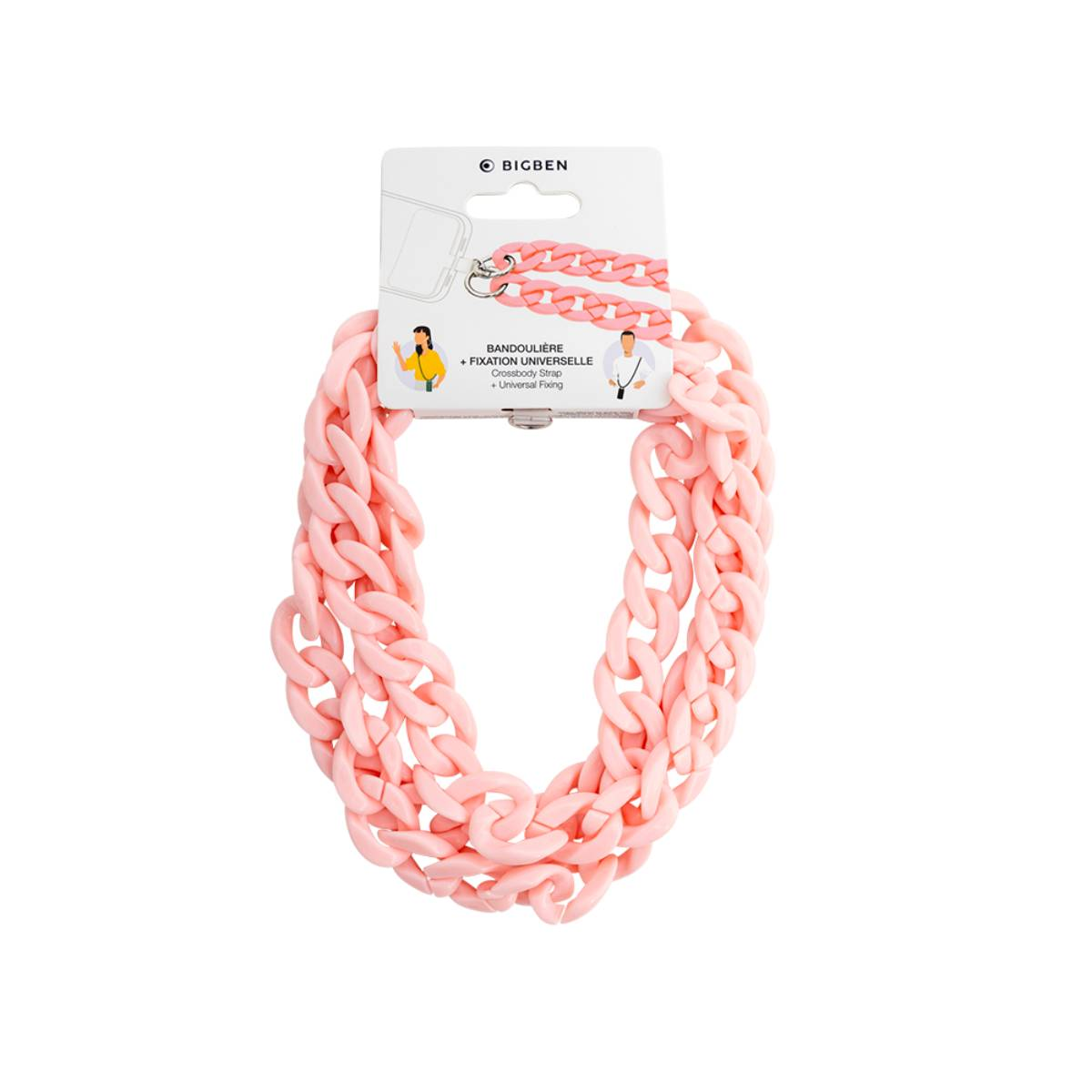 Tracolla a catena rosa, con etichetta bianca. La catena è composta da maglie grandi.