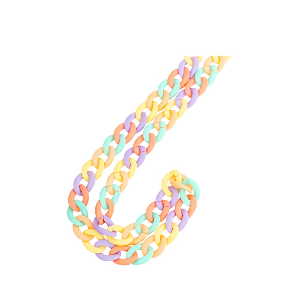 Una collana a catena multicolore in colori pastello: giallo, viola, rosa e arancione.