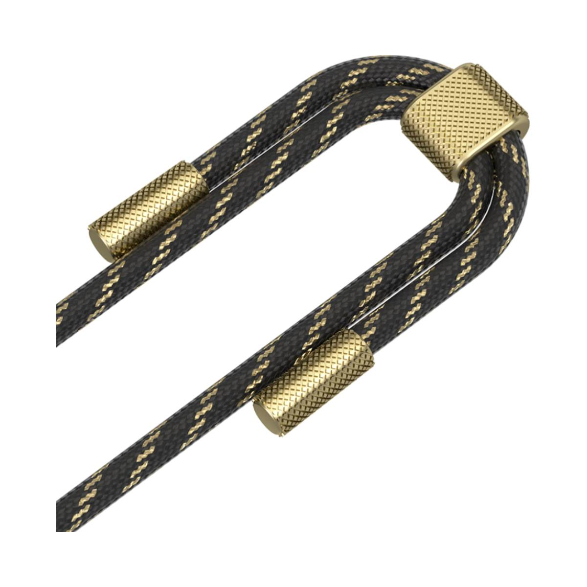 Schwarze und goldfarbene Seil-Handy-Schlaufe mit goldenen Akzenten. Die Schlaufe ist geschlungen.