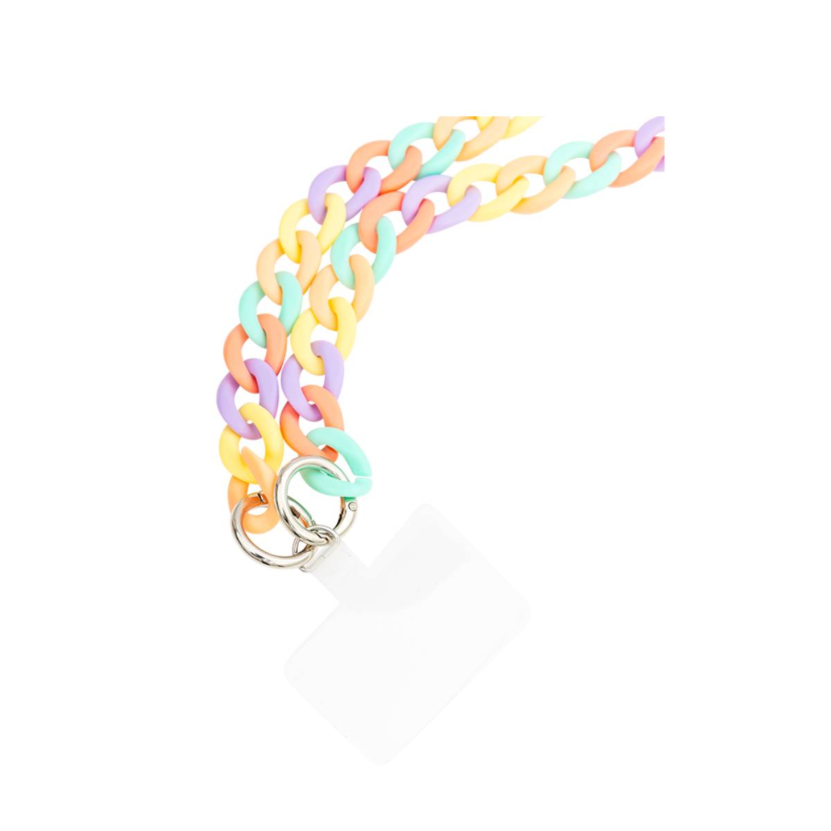 Catena colorata per cinturino del telefono. Colori pastello, due anelli metallici.