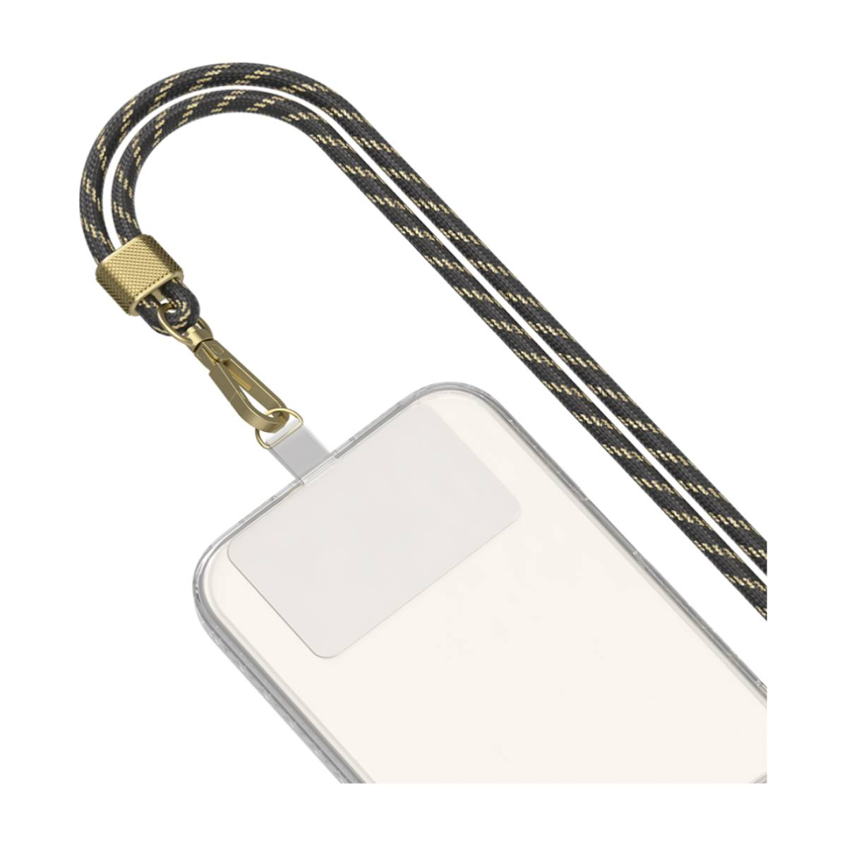 Eine transparente Handyhülle mit einem schwarzen und goldenen Lanyard daran befestigt.