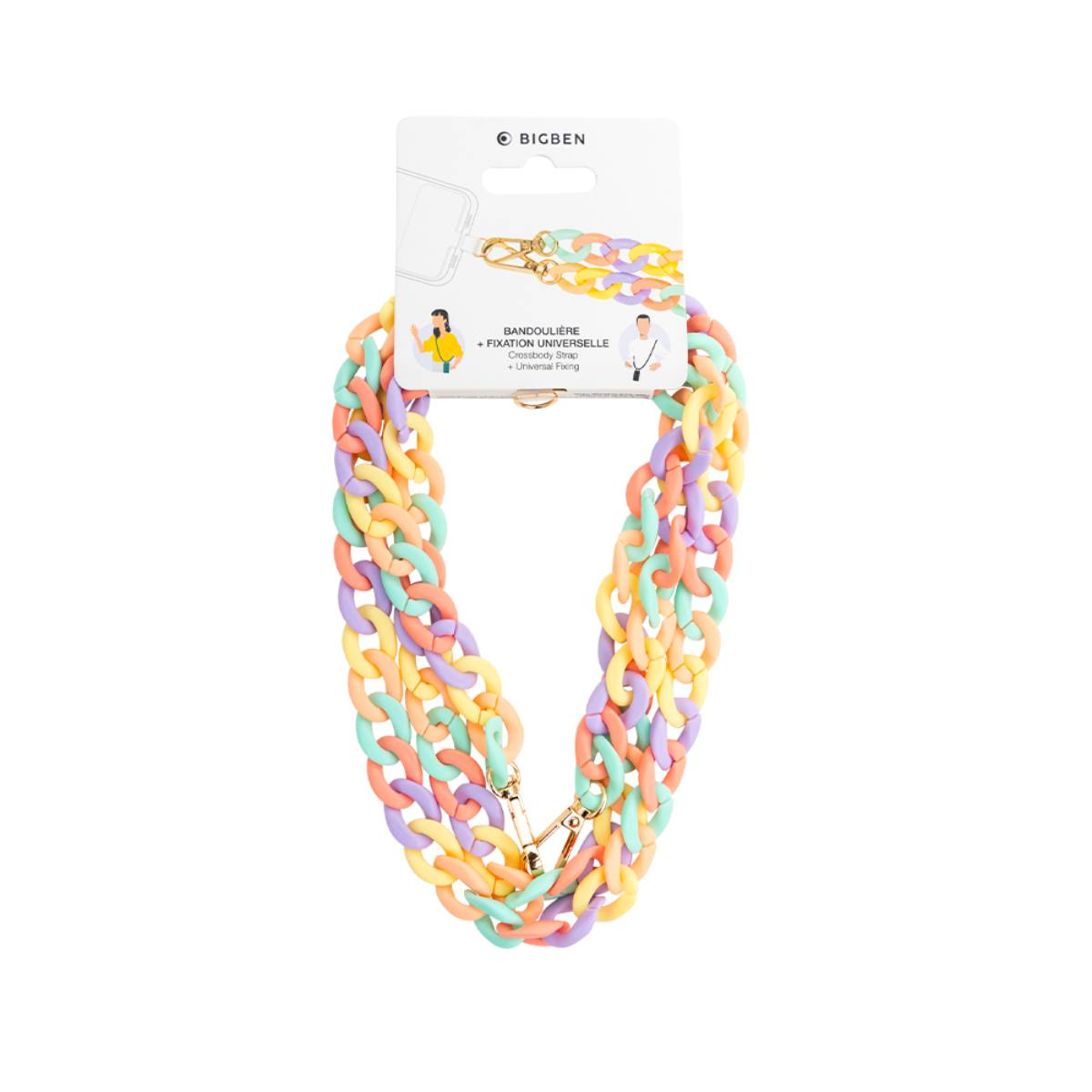 Catena per telefono colorata, con confezione. Testo: Bandoulière + Fixation Universelle.