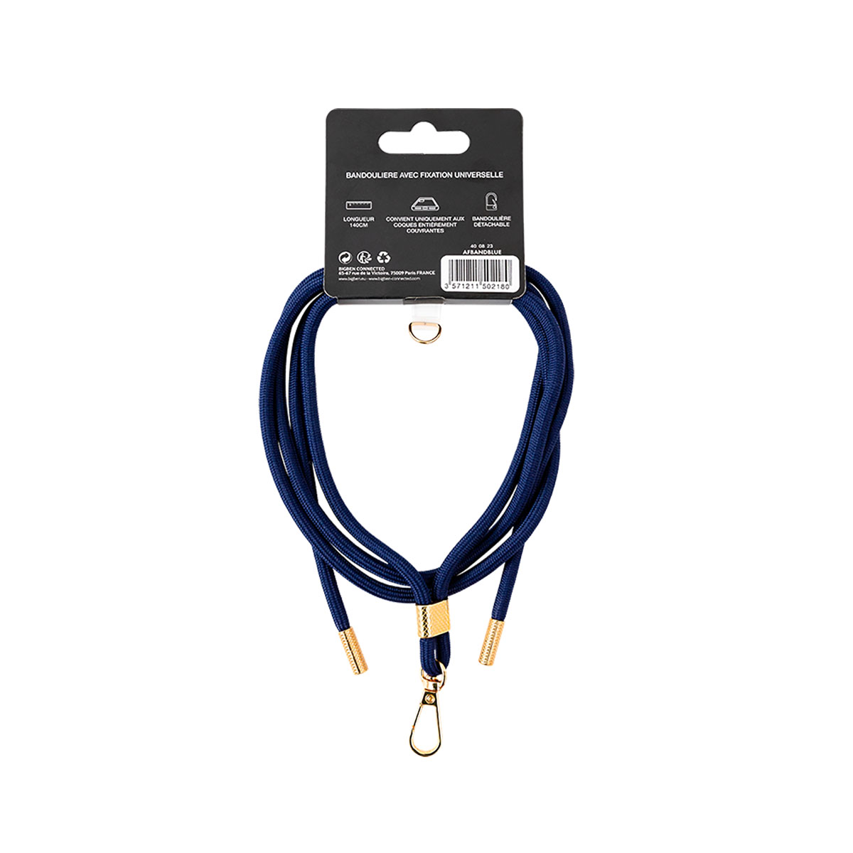 Blaues Schlüsselband mit goldenen Akzenten und einem Verschluss. Es ist auf einer Produktkarte verpackt.