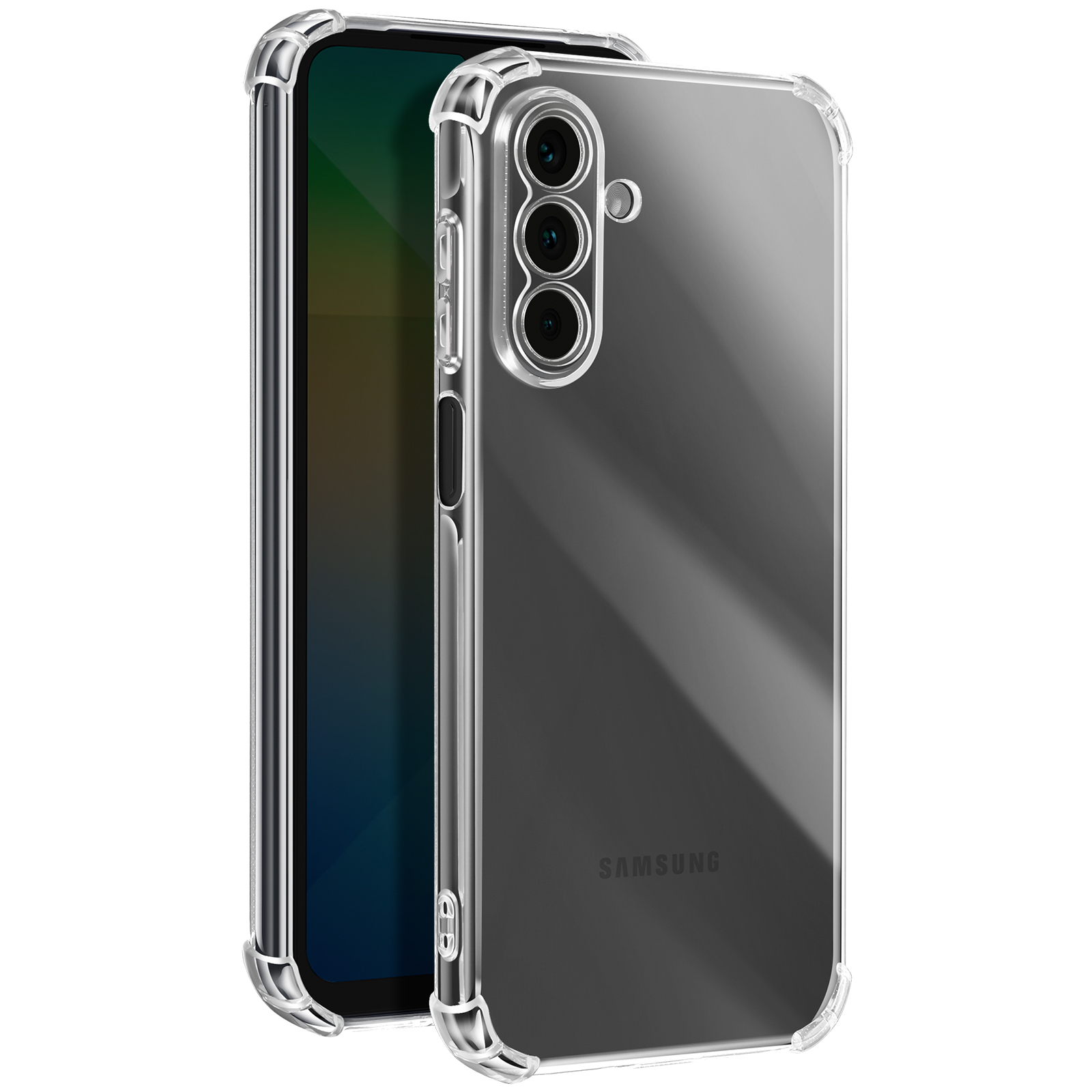 Transparante Samsung telefoonhoes, met zichtbare cameramodule en beschermende hoeken.