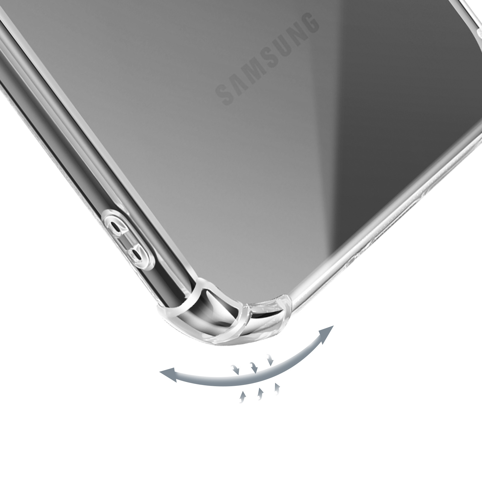 Transparante telefoonhoes op een telefoon, de hoek benadrukkend en de pijl die de pasvorm toont.