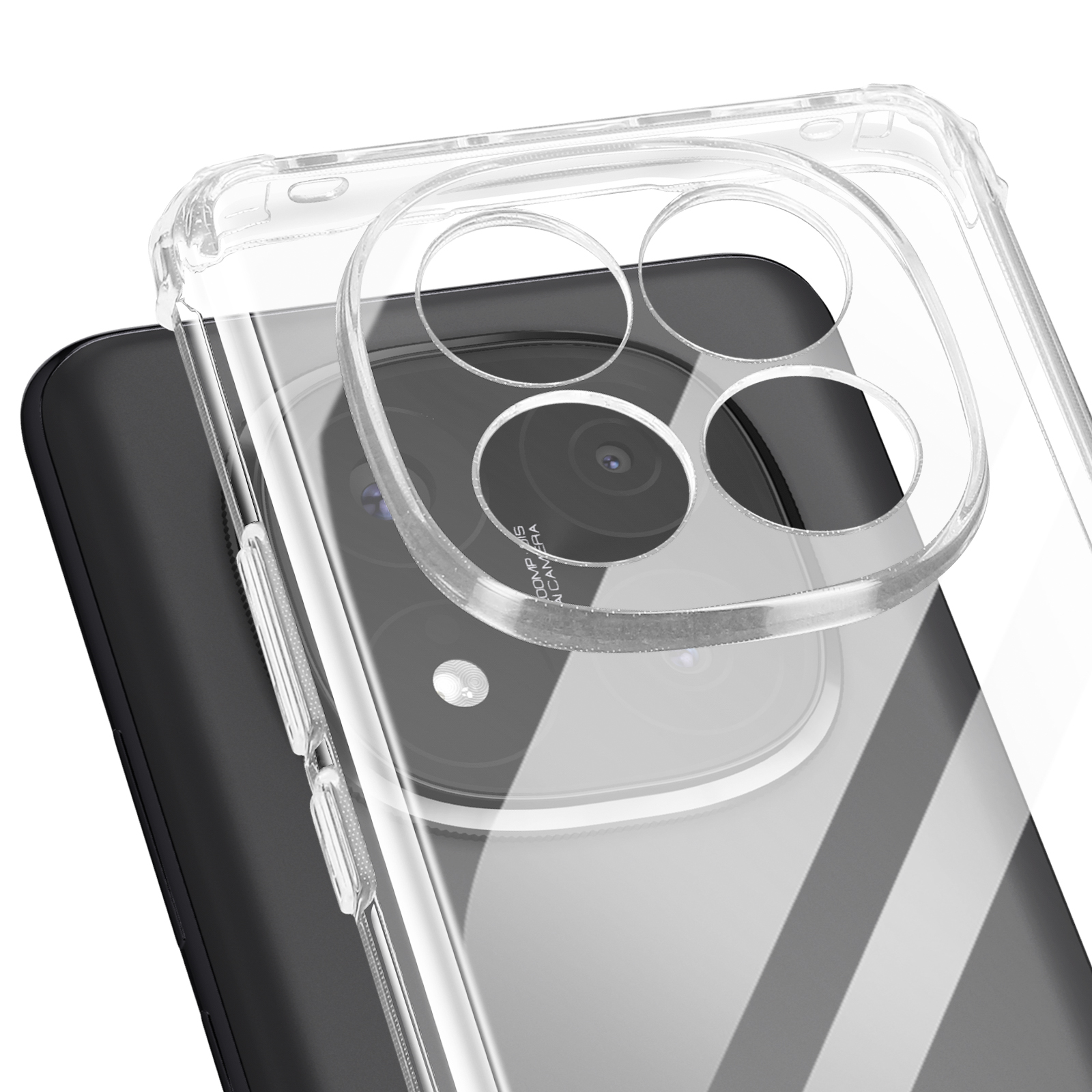 Custodia trasparente per telefono posizionata sopra un telefono nero. Ha ritagli per la fotocamera e un design trasparente.