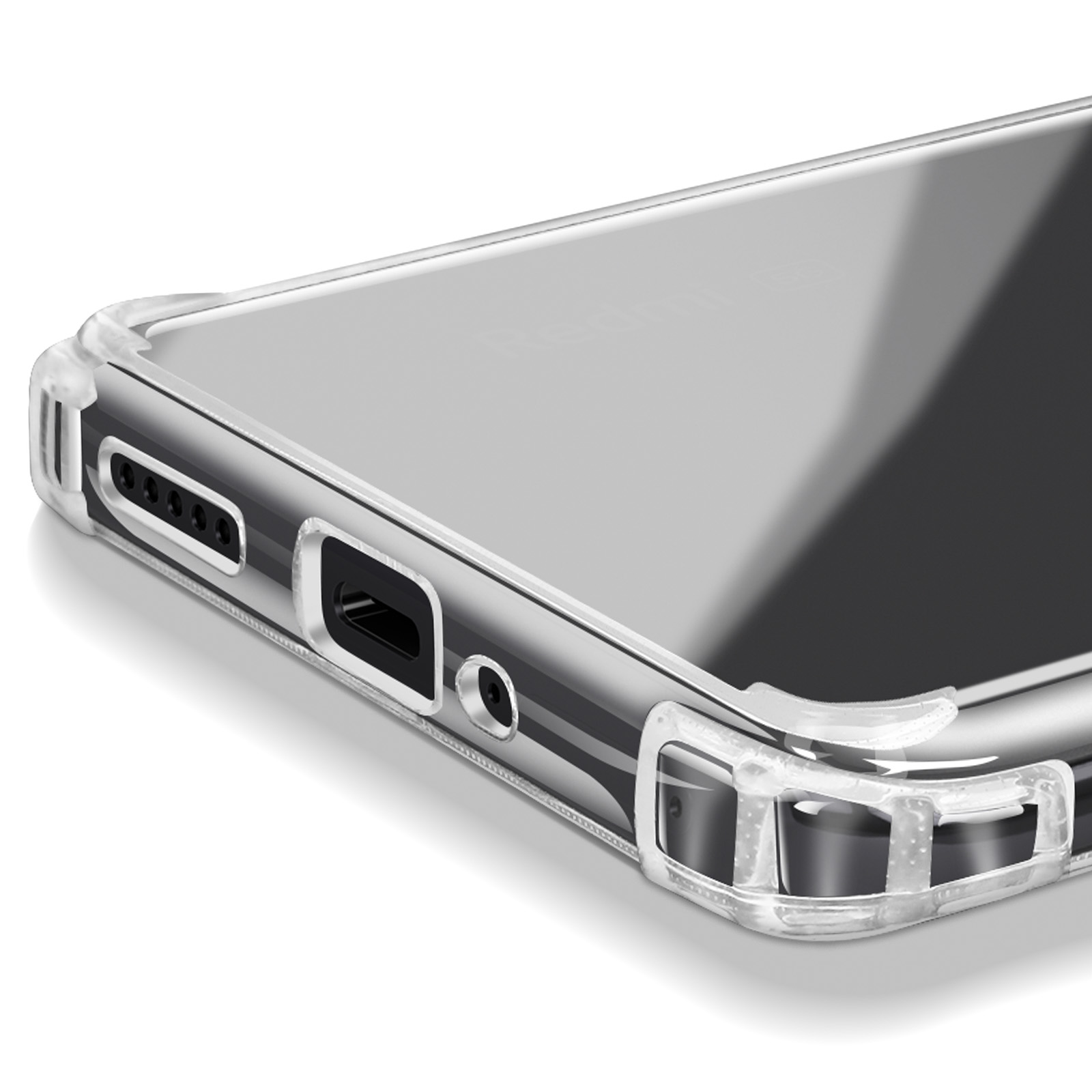 Custodia trasparente per telefono con vista sulle porte e sui pulsanti del telefono.