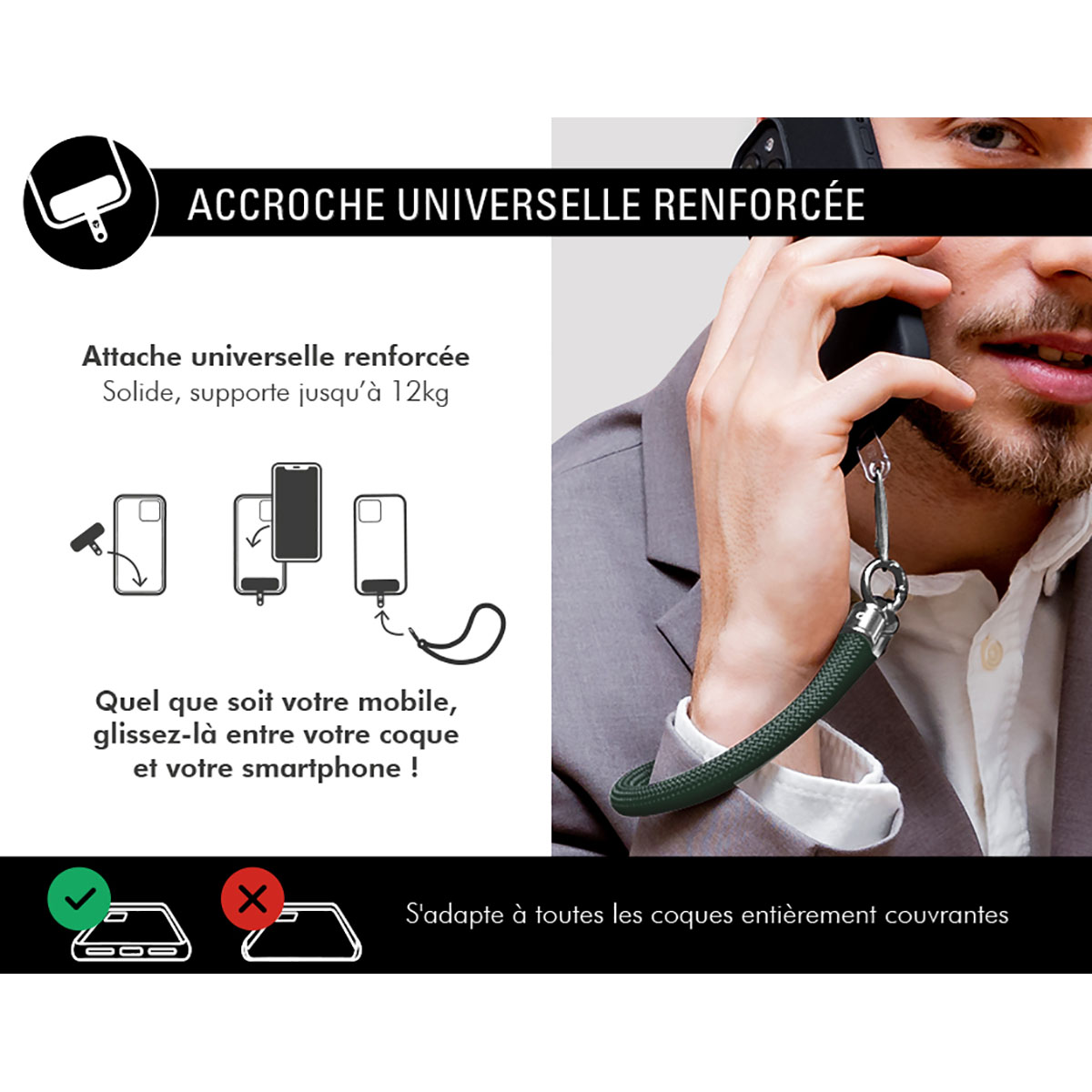 Attacco universale per cinturino del telefono, supporta fino a 12 kg, con diagrammi.