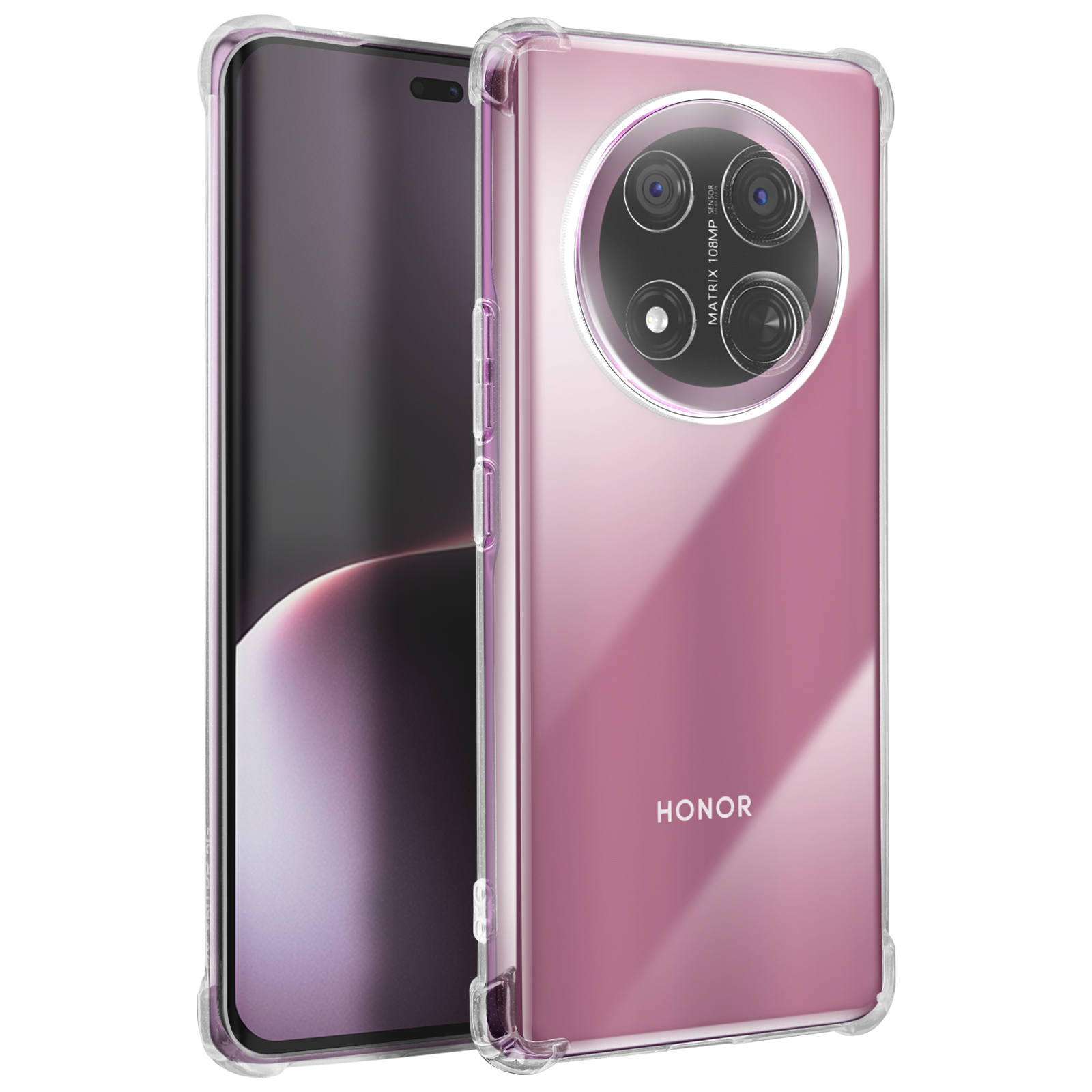 Téléphone rose avec étui de protection transparent. L'étui a des coins renforcés et entoure le téléphone.