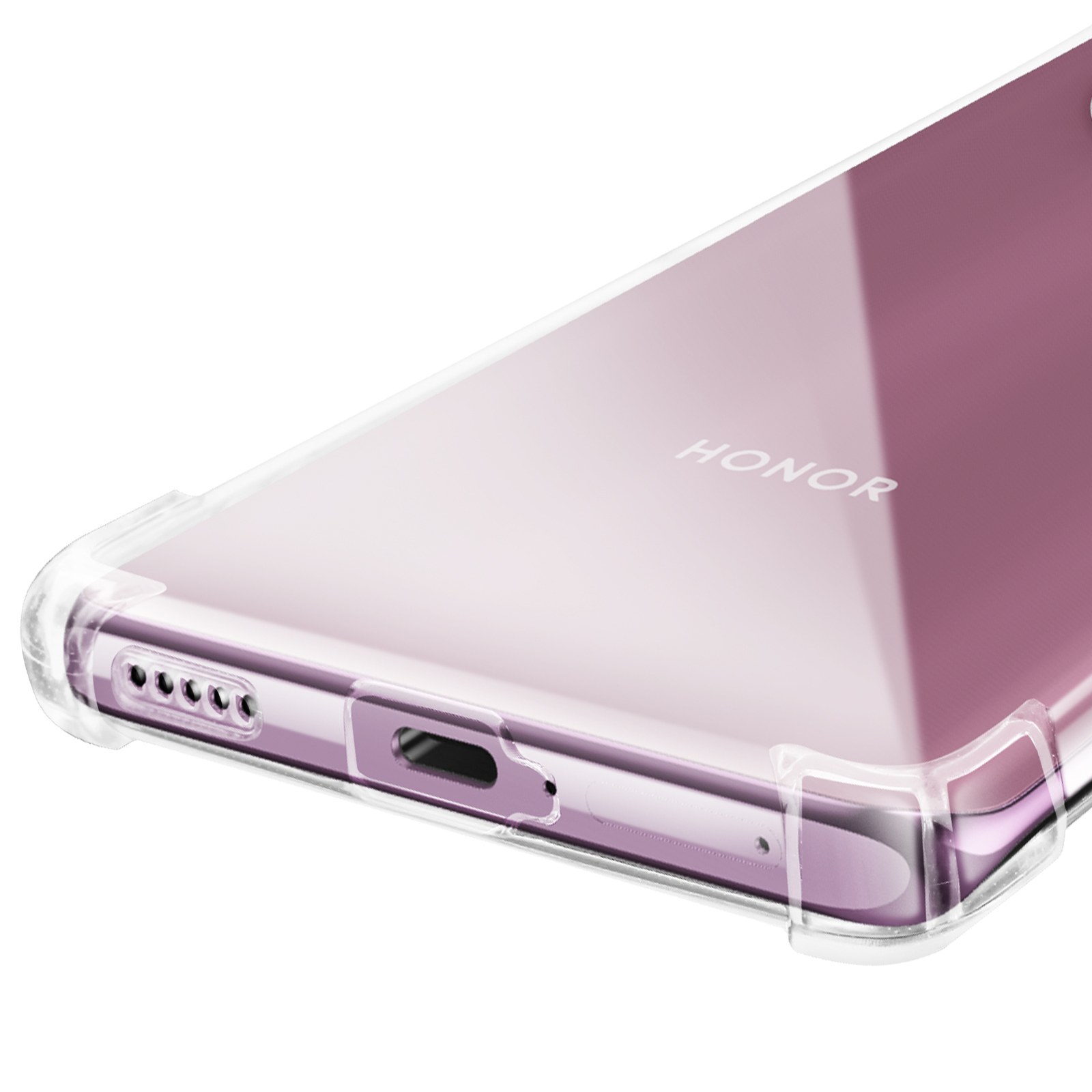 Coque de téléphone transparente sur un téléphone avec dos rose. HONOR est écrit au dos.