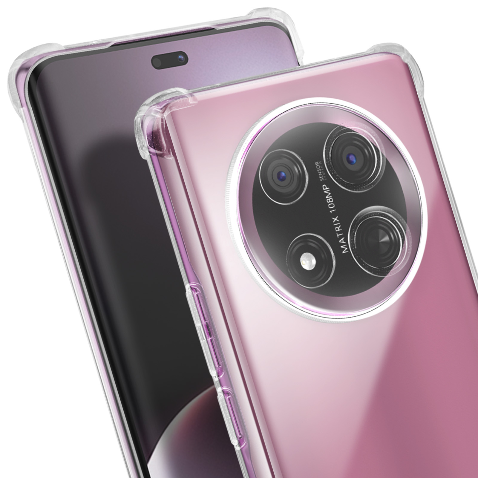 Deux téléphones avec coques, un rose, un violet. Objectifs visibles avec coques transparentes.