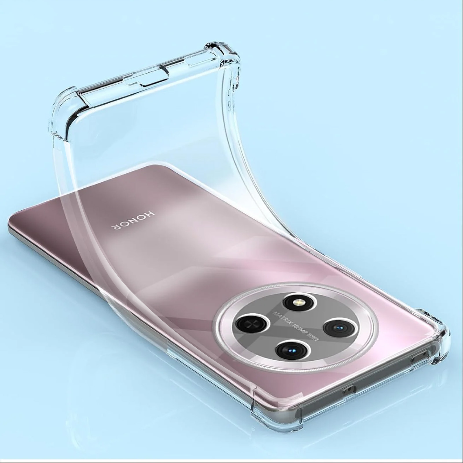 Un téléphone dans une coque transparente. Le téléphone est rose. Les lentilles de la caméra sont visibles.