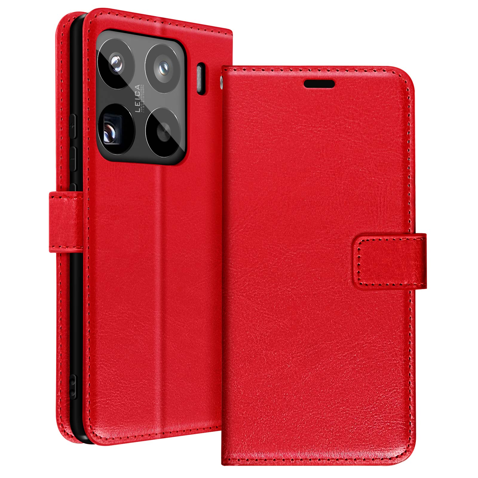 Custodia per telefono rossa aperta, con telefono all'interno. Pelle con chiusura magnetica.
