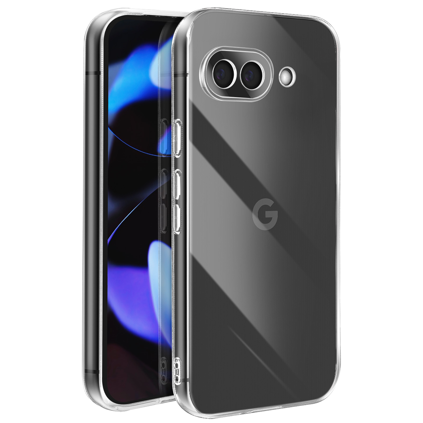 Telefono in custodia trasparente. Sono visibili due obiettivi della fotocamera e un logo G. Lo schermo è acceso.