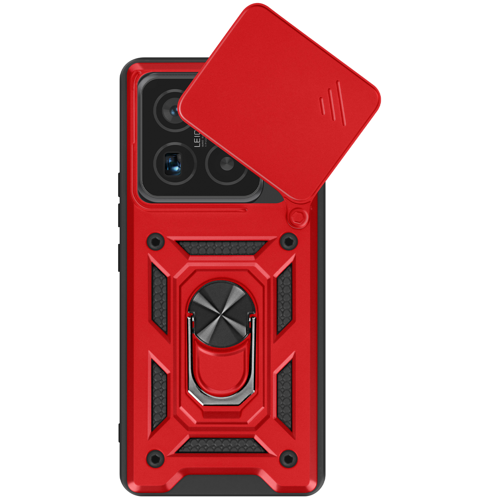 Custodia per telefono rossa con sporgenza della fotocamera e copertura rossa. La custodia ha un portanello.