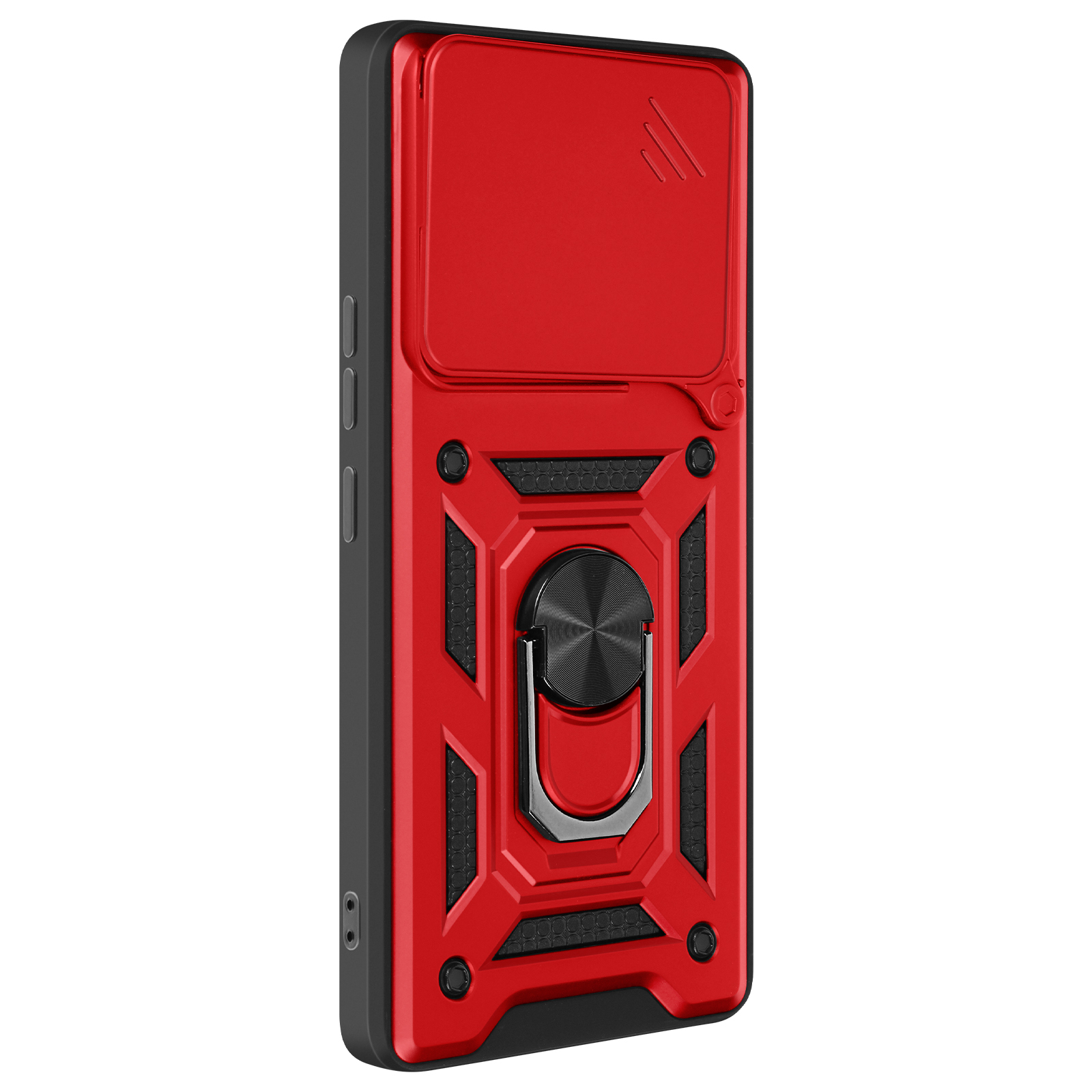Custodia per telefono rossa con cornice nera, supporto ad anello e copertura scorrevole per fotocamera.
