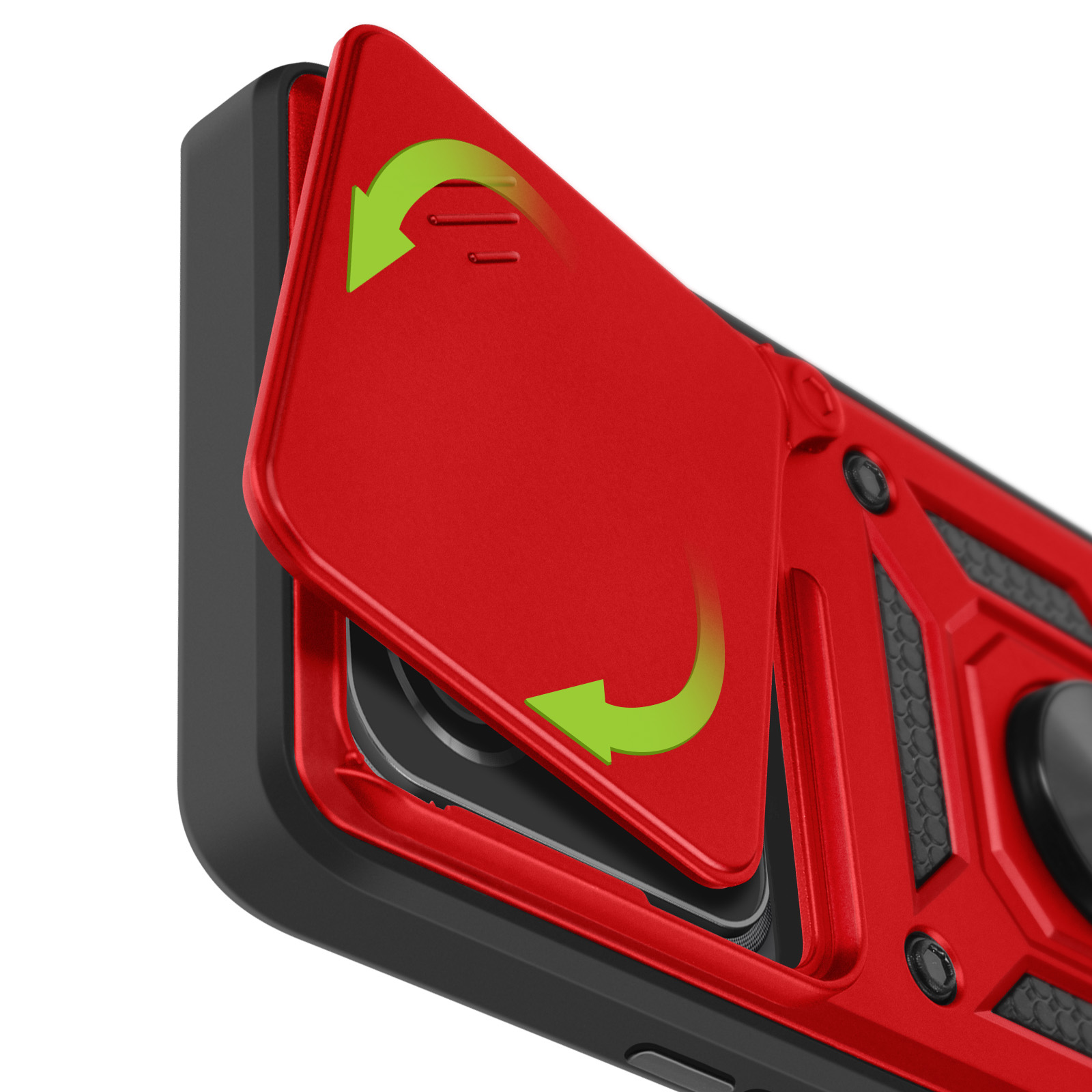Custodia per telefono rossa e nera con coperchio. Il coperchio è aperto, rivelando la fotocamera. Frecce verdi indicano l'apertura.
