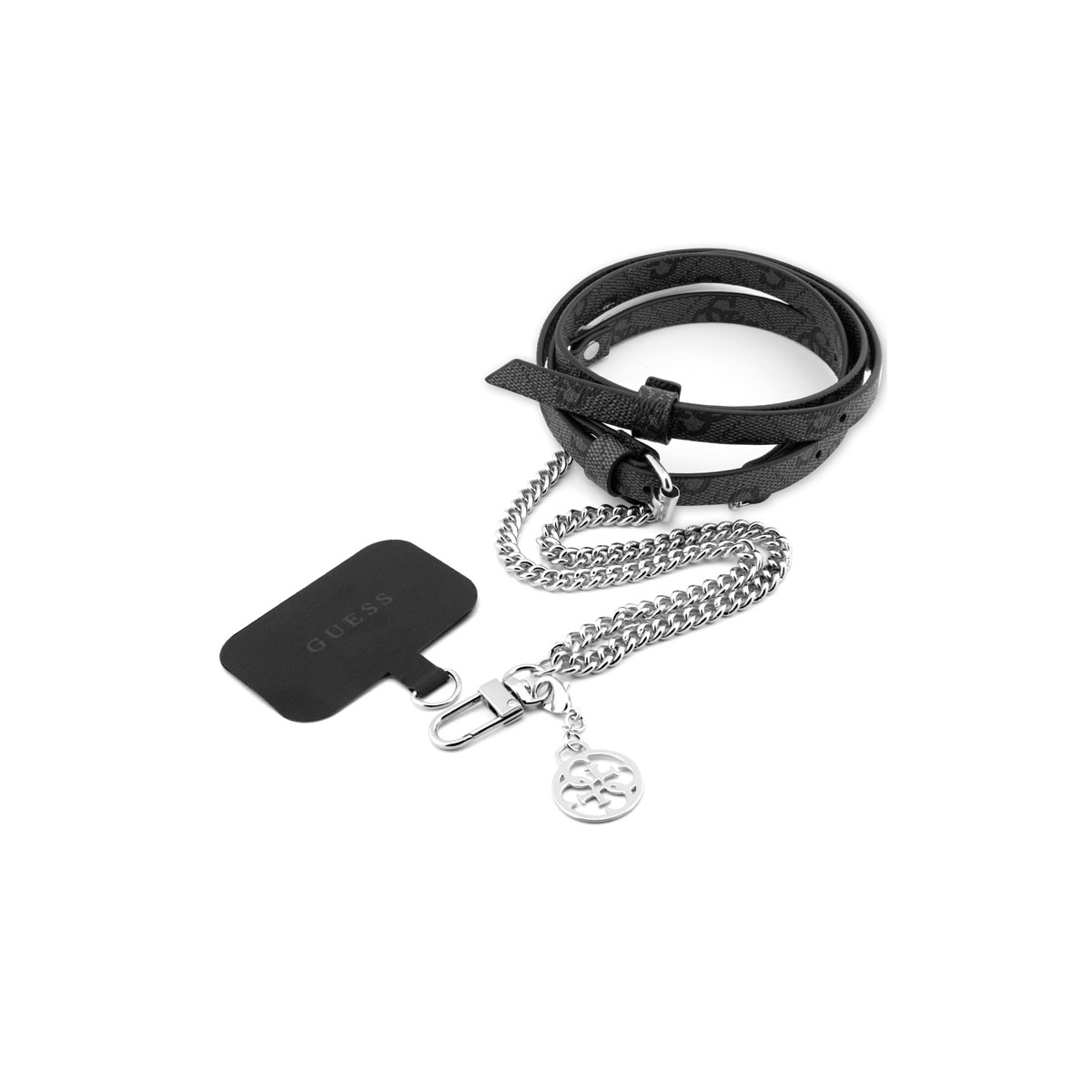Cinturino per telefono nero con catena argentata, cinturino nero e ciondolo in metallo su sfondo bianco.