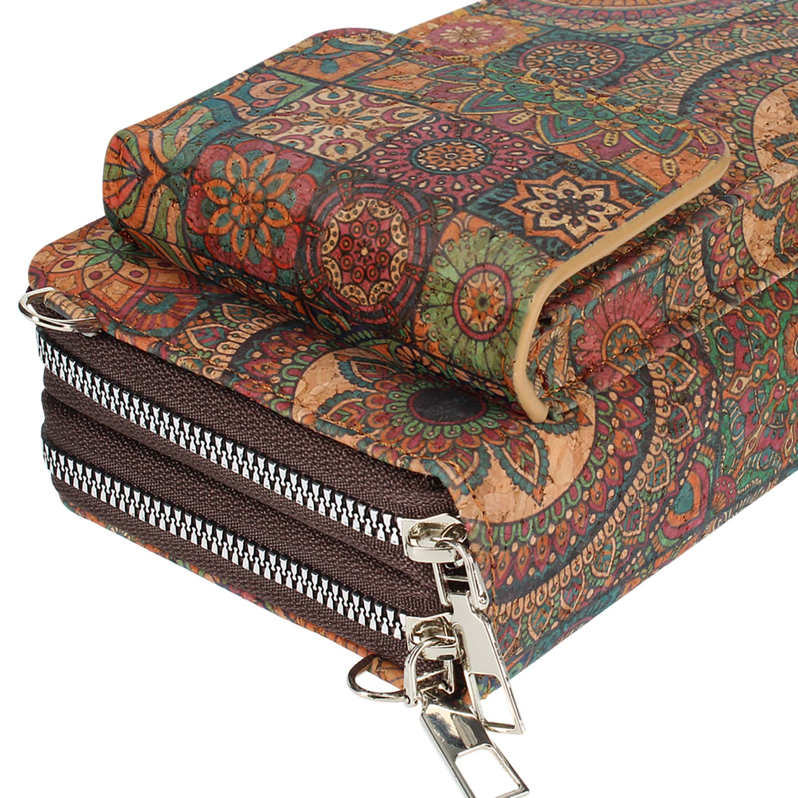 Korkgeldbörse mit farbenfrohem Blumenmuster, geschlossen, mit Reißverschlüssen und silbernem Zipper.