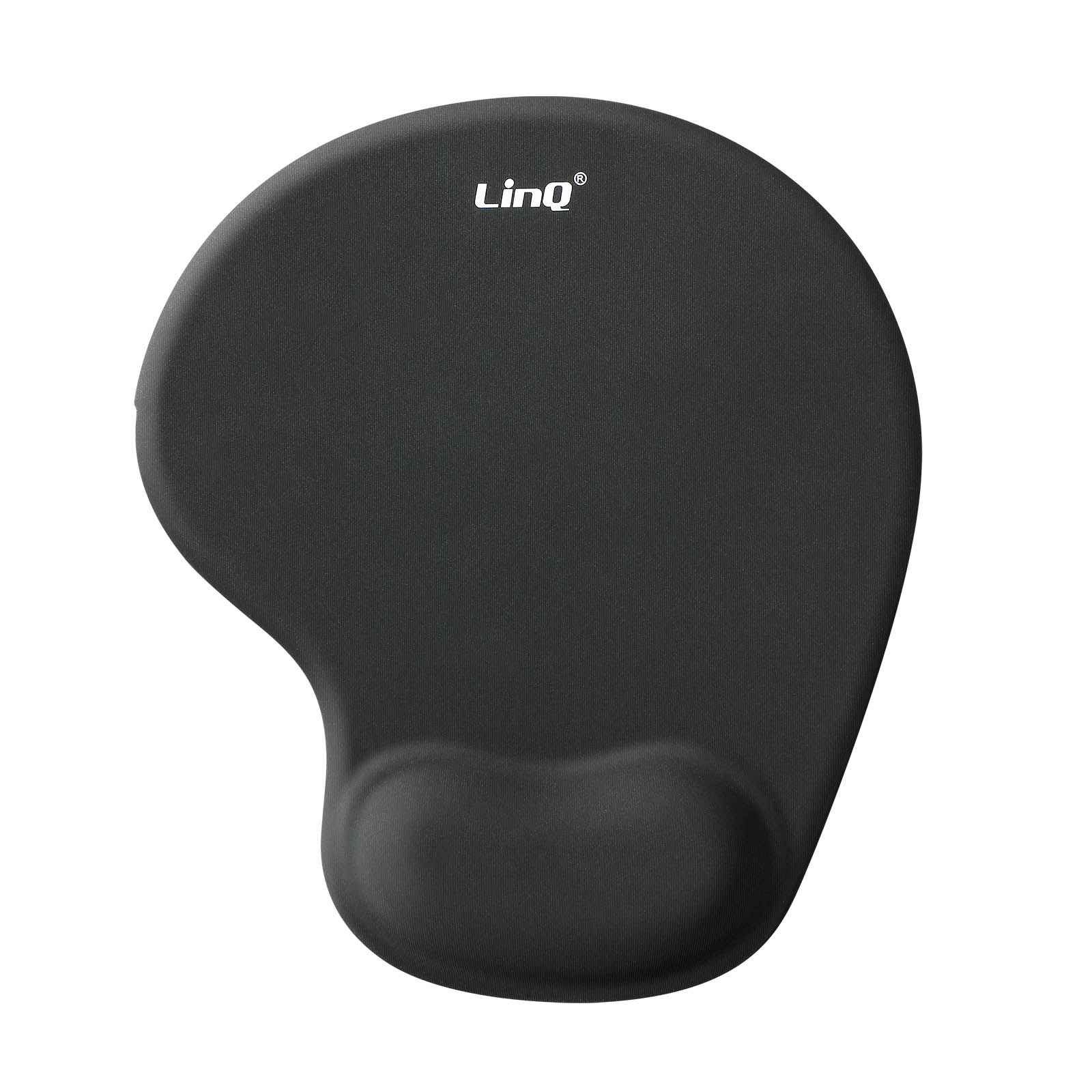 Un tappetino per mouse ergonomico nero con poggiapolsi e il marchio LinQ.