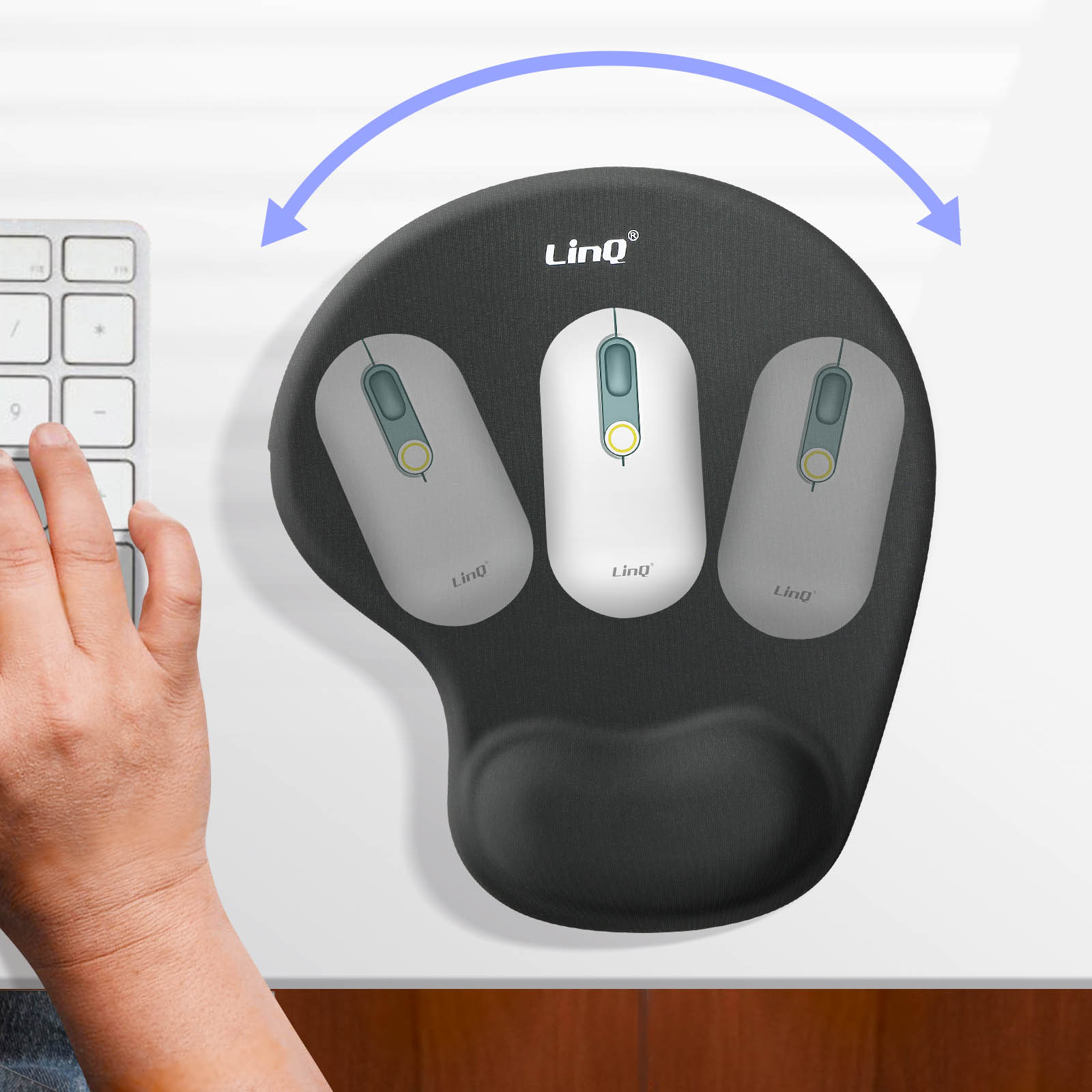 Tappetino per mouse ergonomico con tre mouse e una mano che usa una tastiera.