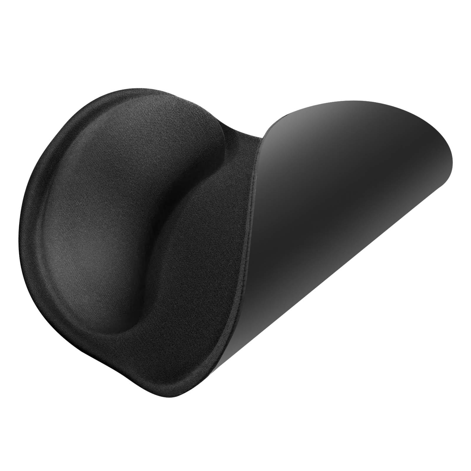 Tappetino per mouse ergonomico nero con supporto per polso, sfondo nero.
