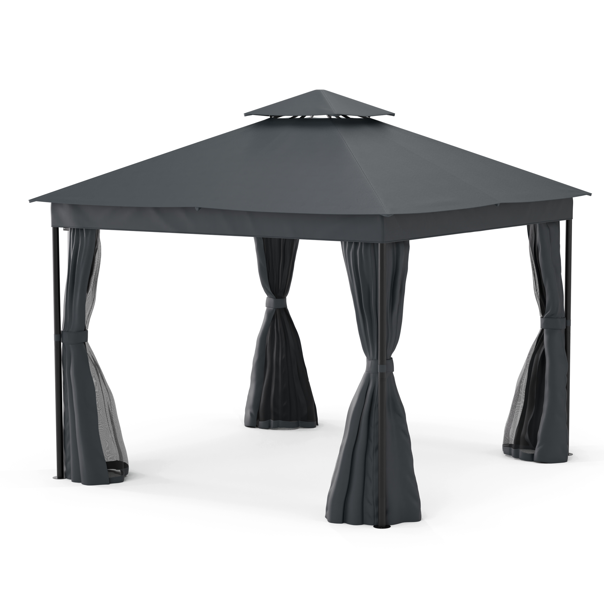 Gazebo grigio con tende su sfondo bianco. Ha un tetto a forma di piramide.