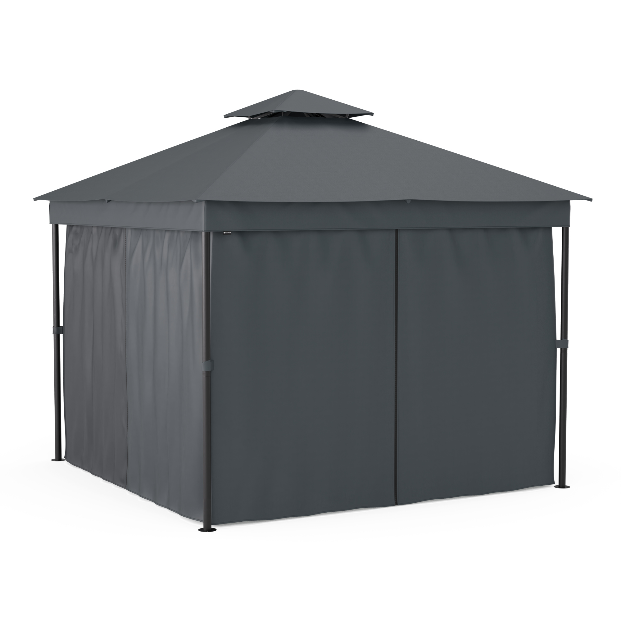 Un gazebo grigio con tetto scuro. I lati hanno tende grigie. Sfondo bianco.