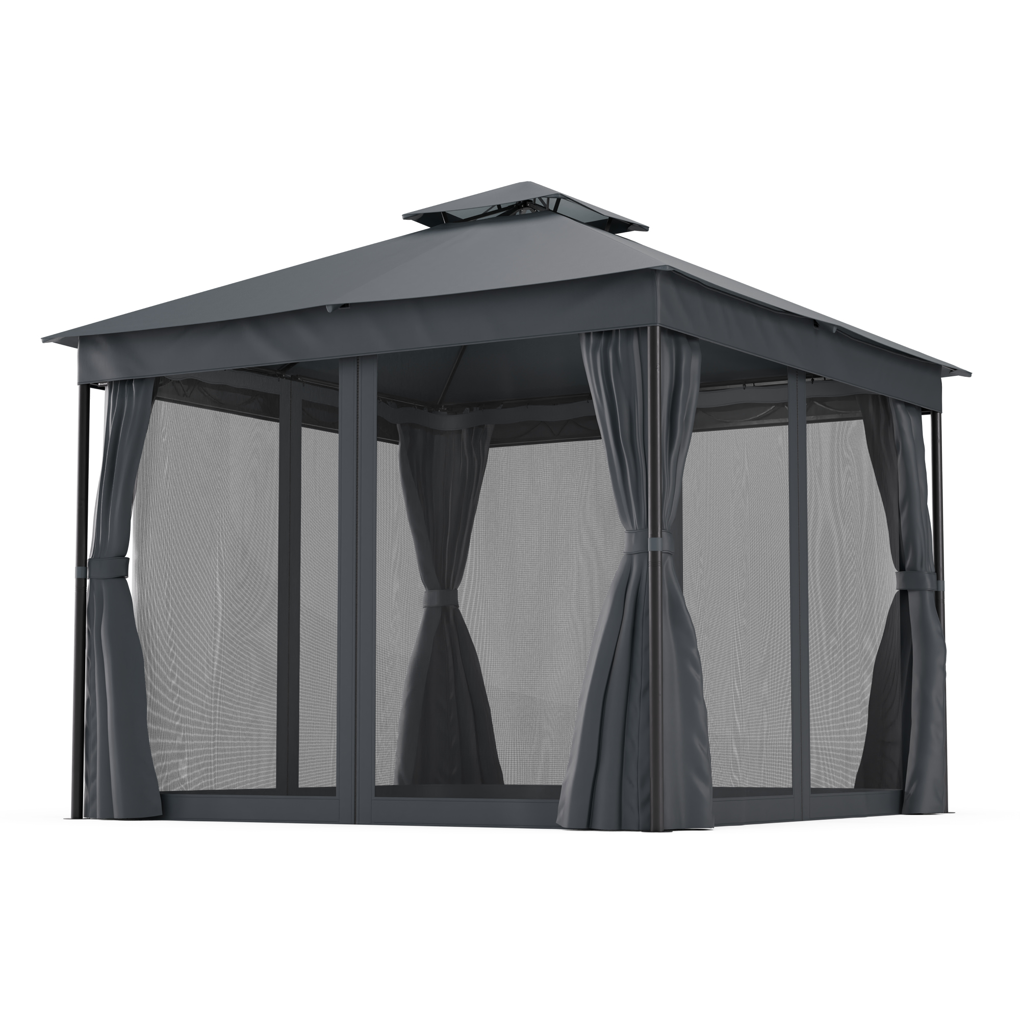 Gazebo grigio. Forma quadrata con tende e tetto.