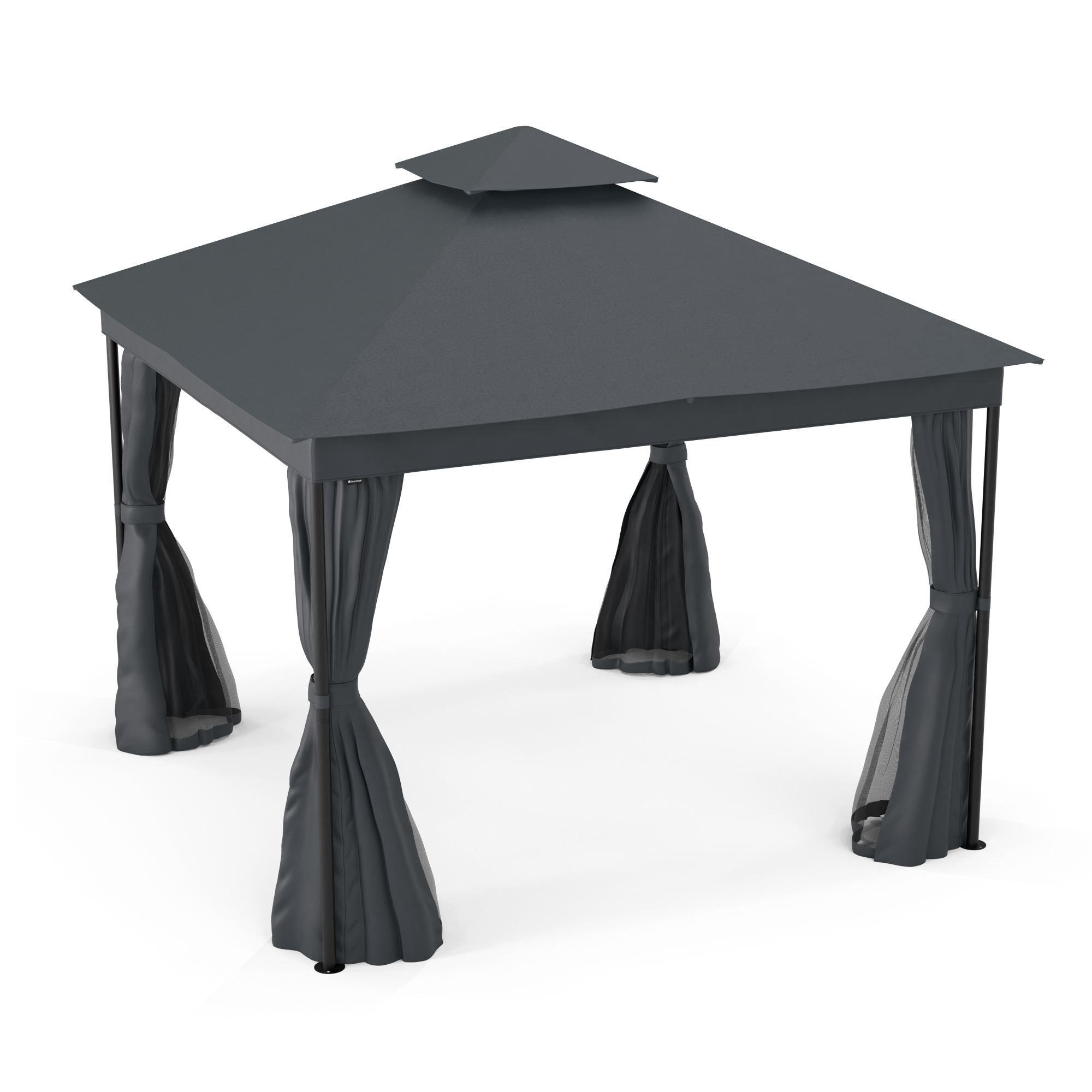 Gazebo grigio con tende su sfondo bianco.