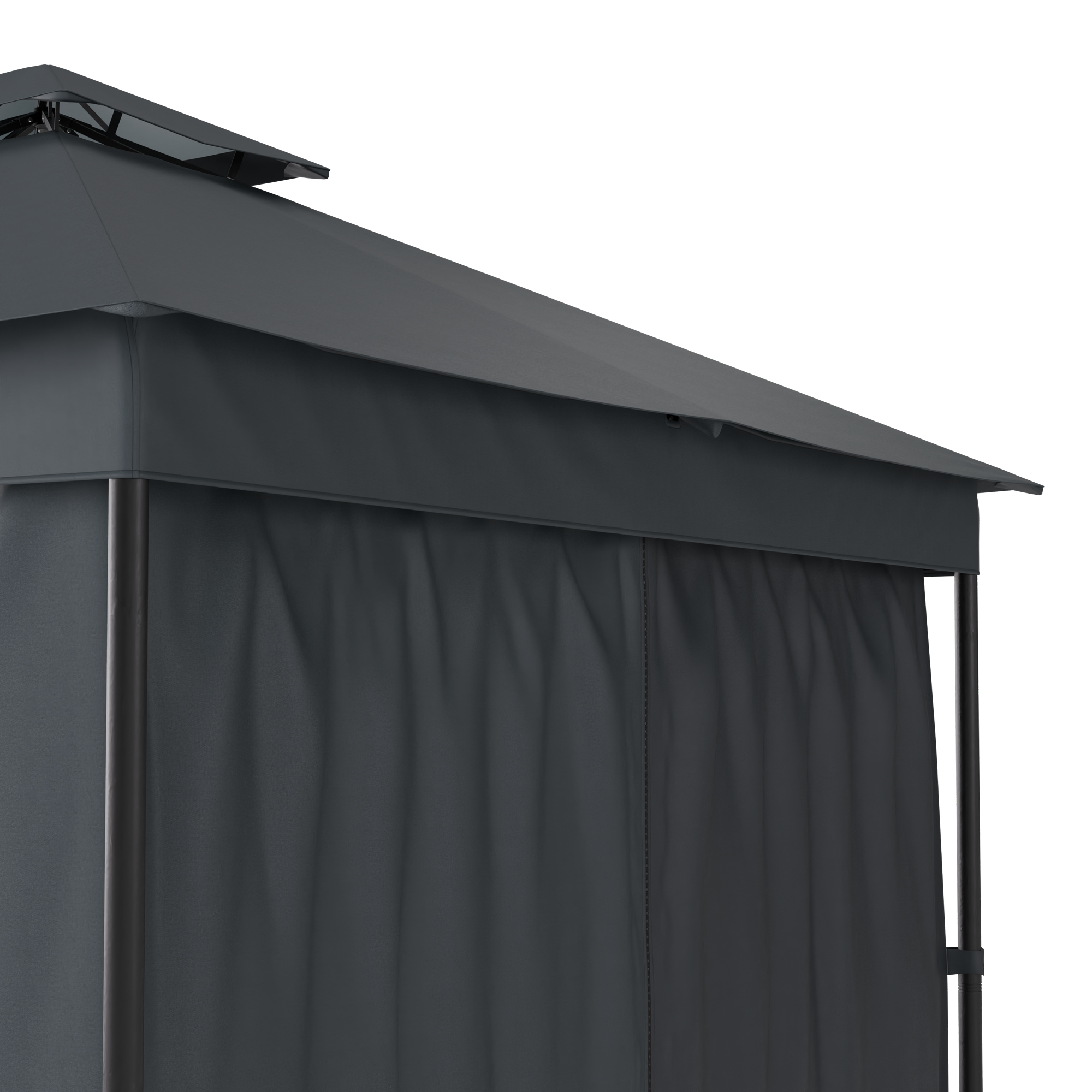 Primo piano del tetto e delle tende di un gazebo grigio. Il tetto è angolato.