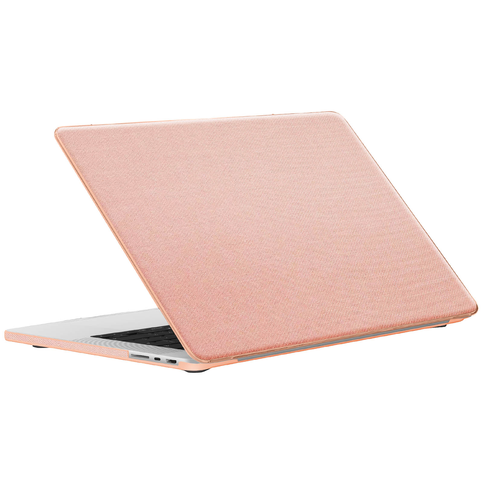 Laptop-Hülle, korallenfarben, schräge Ansicht. Die Hülle bedeckt den Laptop.
