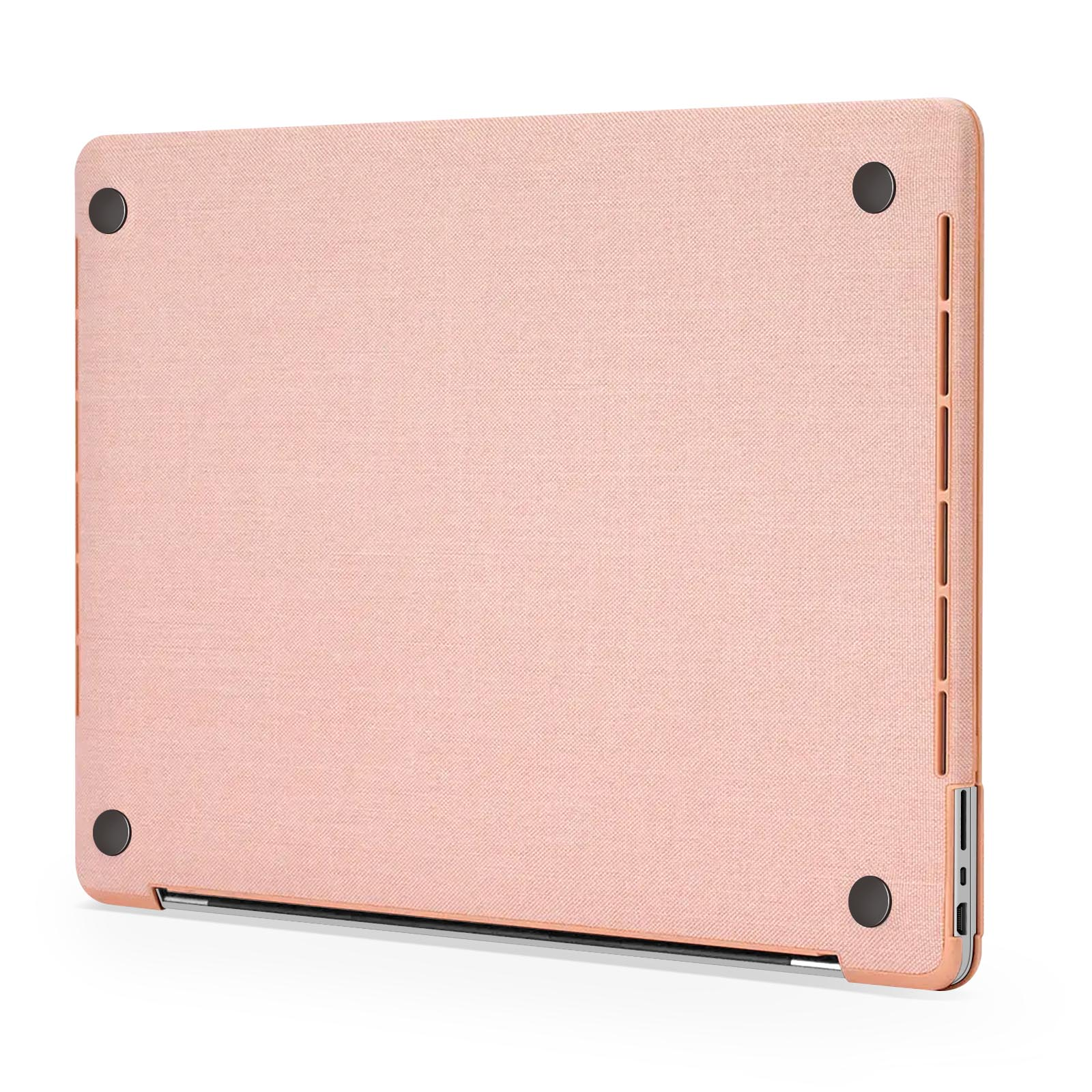 Rosa Laptop-Hülle und schwarze Punkte. Die Laptop-Hülle ist geschlossen.