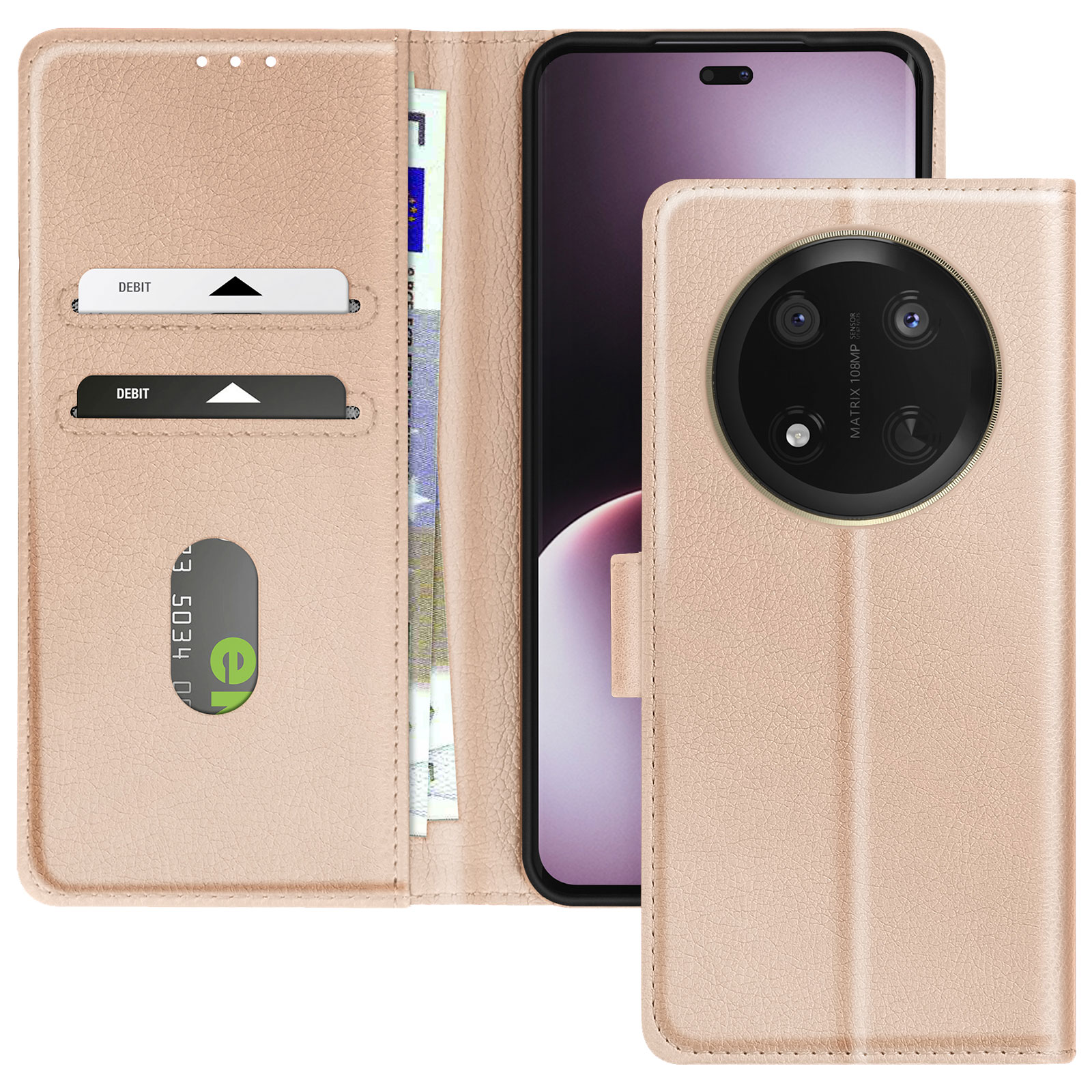 Una custodia per telefono color pesca con un telefono all'interno. Il telefono ha più fotocamere.