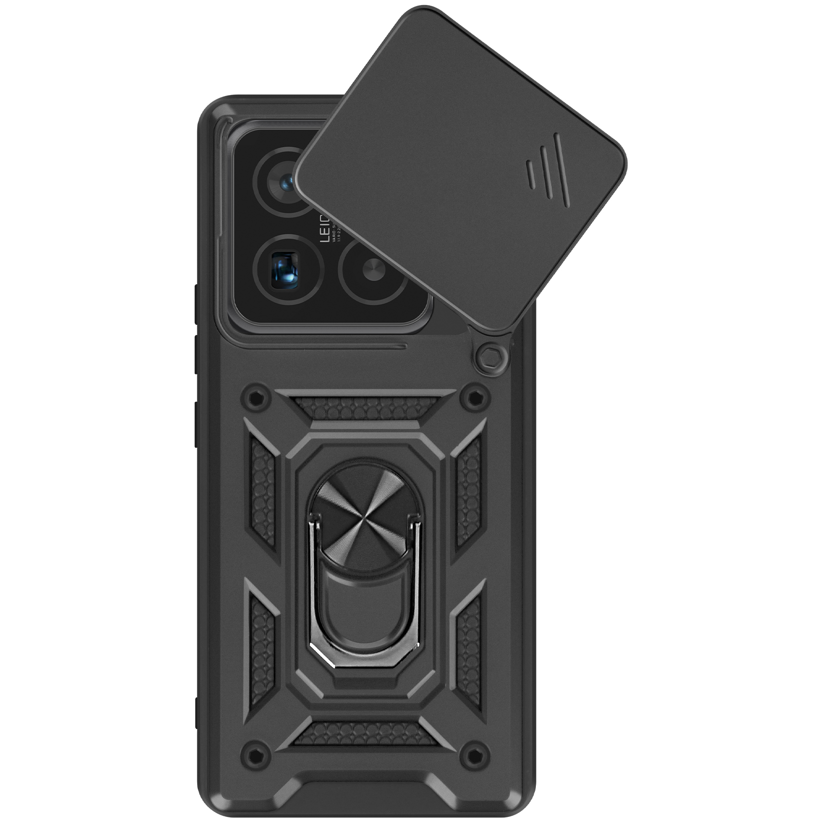 Custodia per telefono nera con protezione fotocamera. La custodia ha un supporto ad anello e un design strutturato.