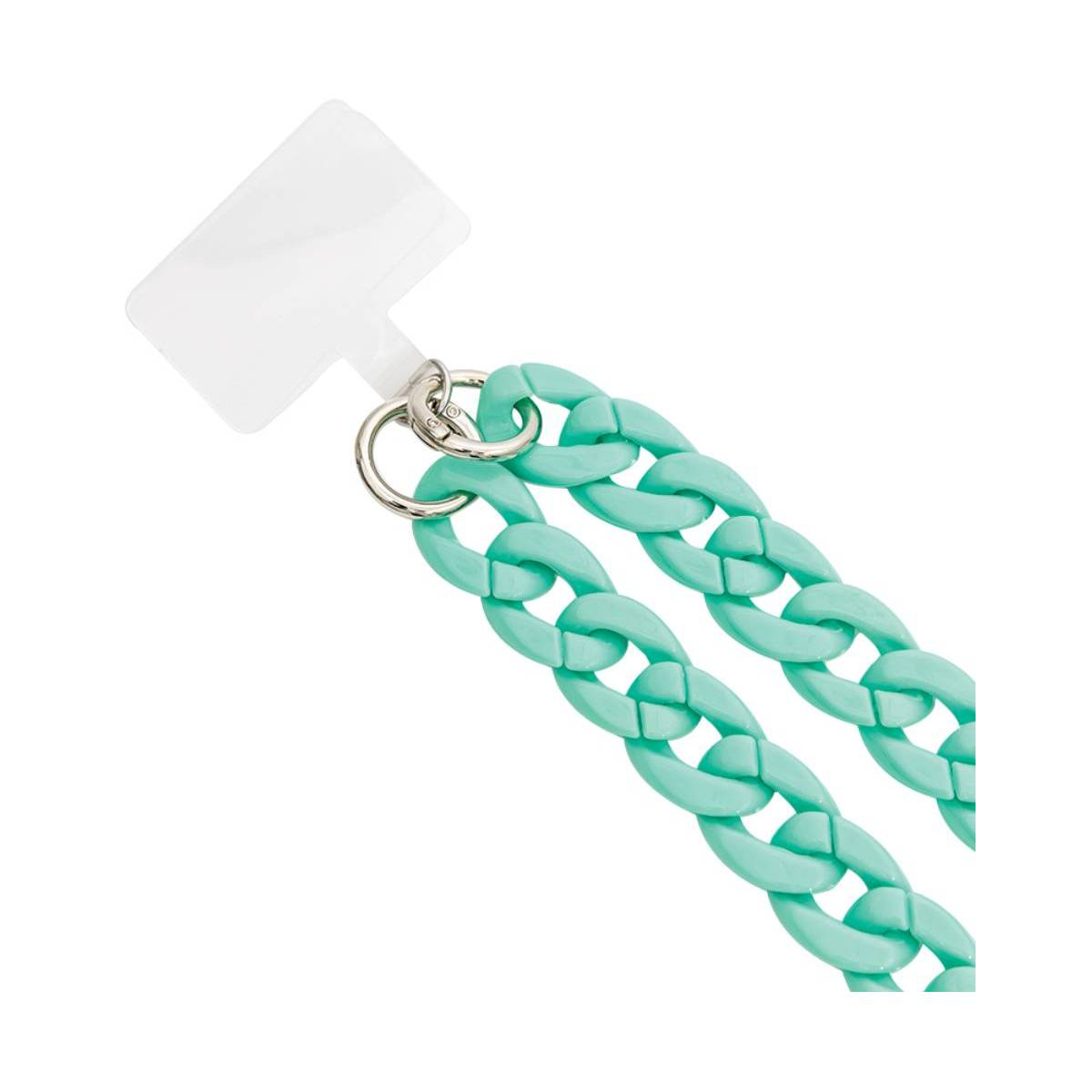 Catena per telefono in plastica blu acqua. La catena è realizzata con maglie ad incastro e ha un supporto bianco per telefono.