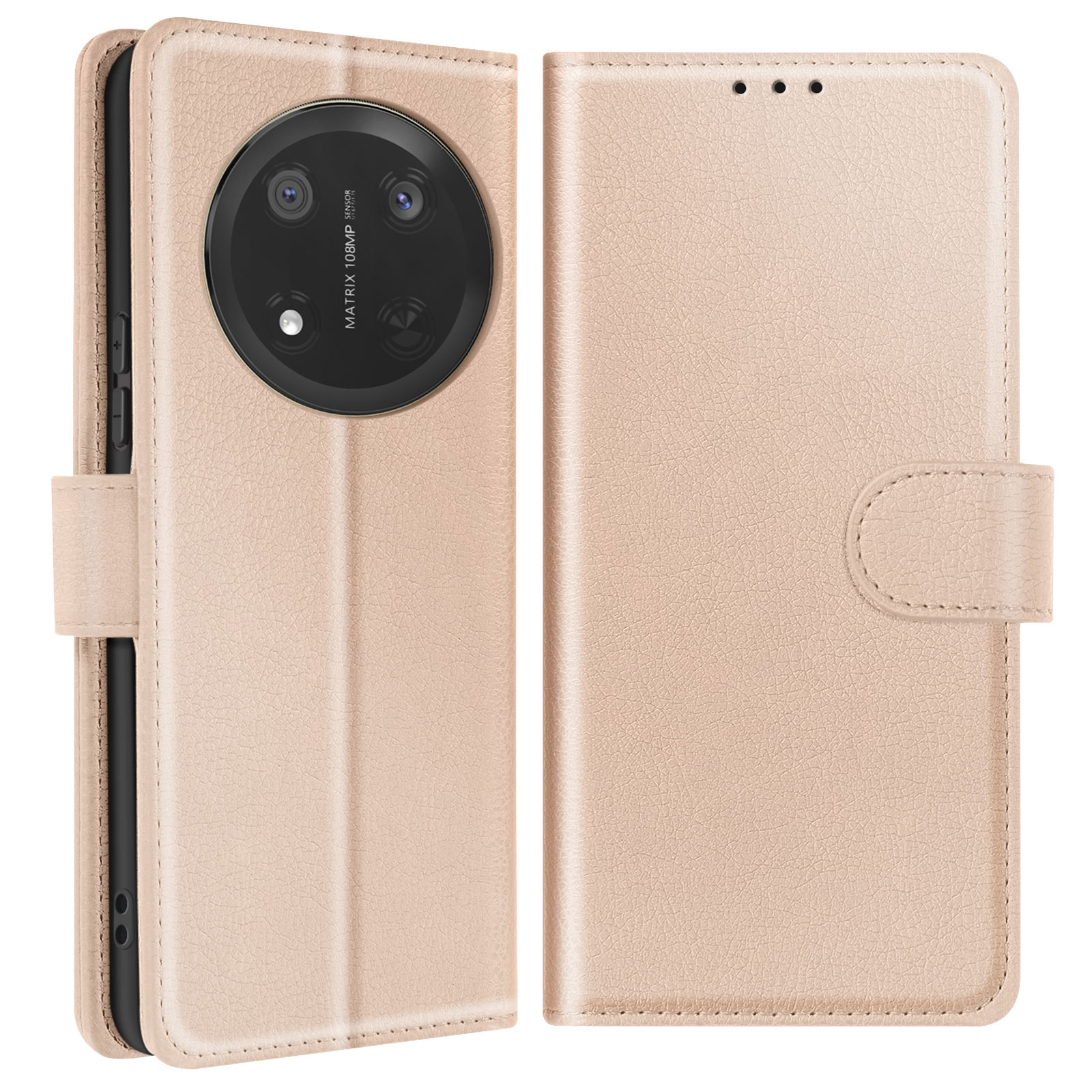 Una custodia per telefono aperta, che mostra il telefono all'interno. È rosa chiaro, con chiusura magnetica.