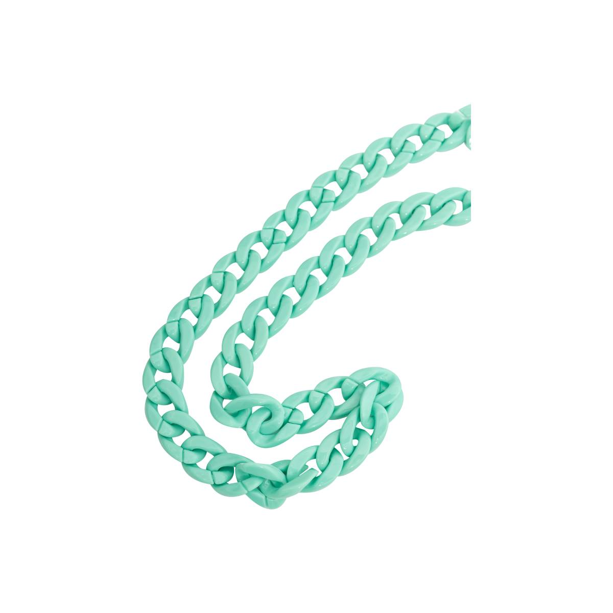 Un primo piano di una catena verde menta. La catena ha una forma curva su sfondo bianco.