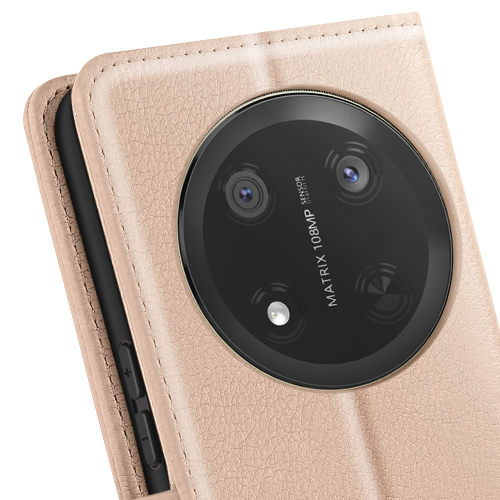 Una custodia per telefono rosa chiaro con un ampio ritaglio per l'obiettivo della fotocamera.